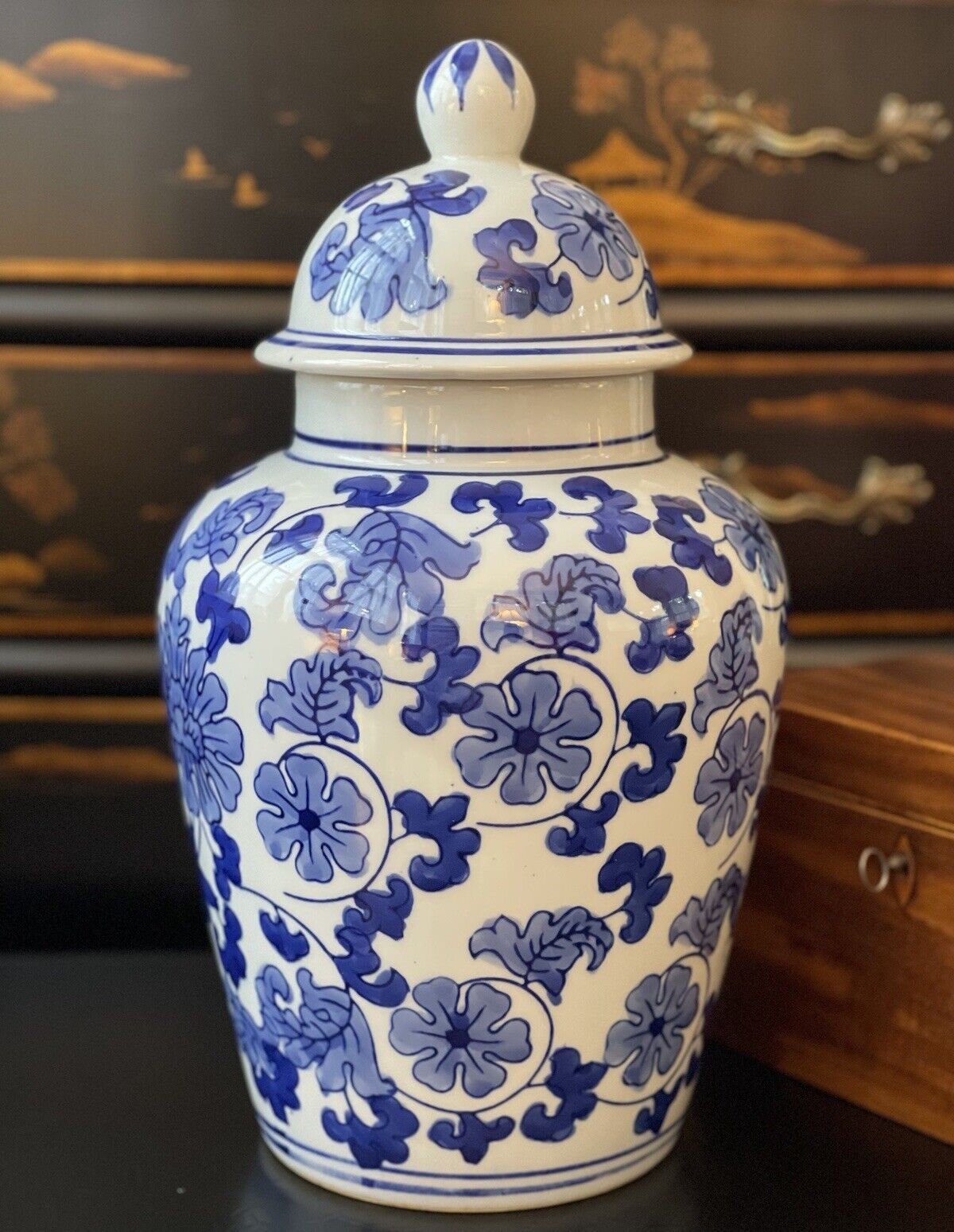 Gorgeous Large Tall Blue White Chinoiserie Botanical Temple Ginger Tea Jar 14.5”
