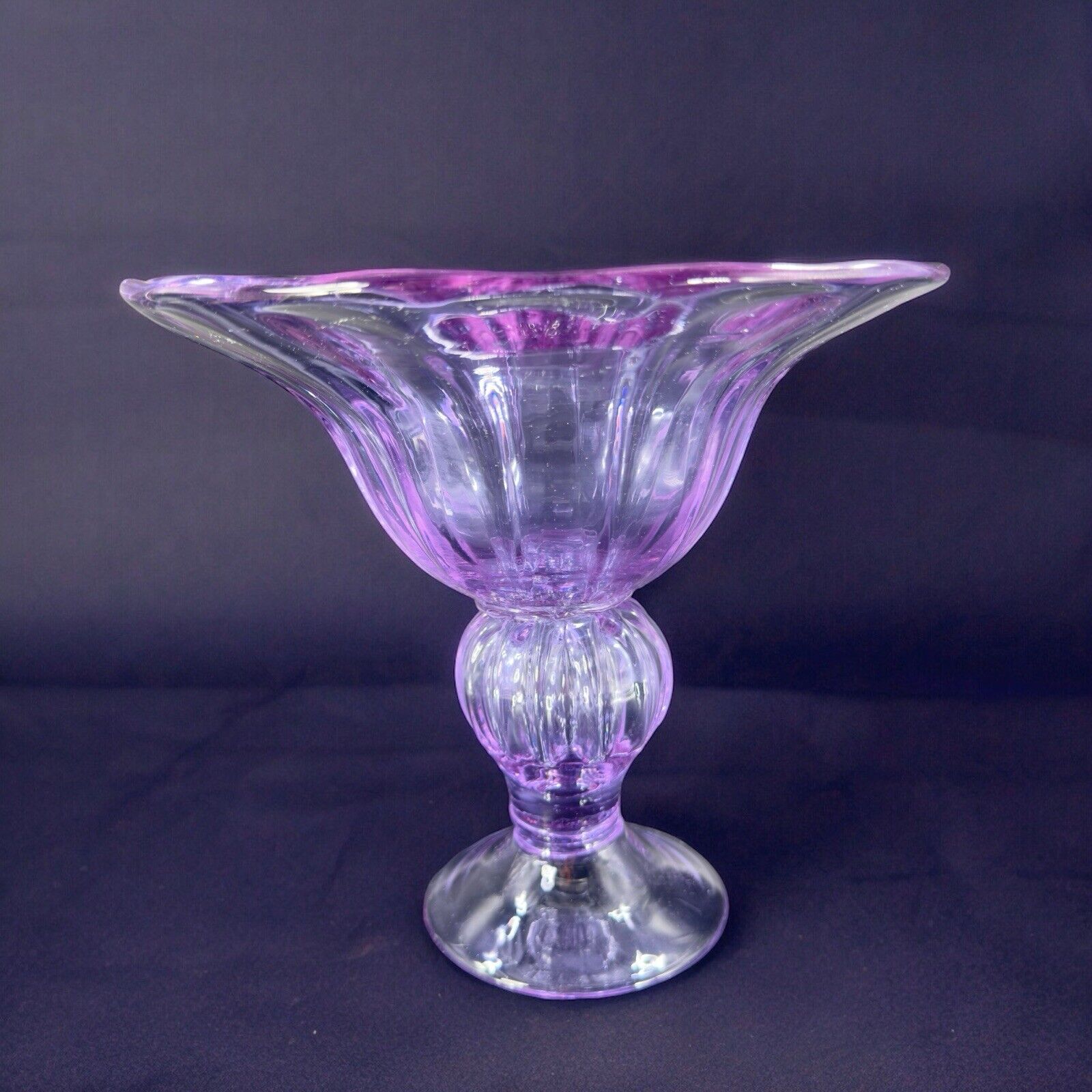 Large Hand Blown Pedestal Bright Purple Lilac Glass Bowl Footed Vase Vintage