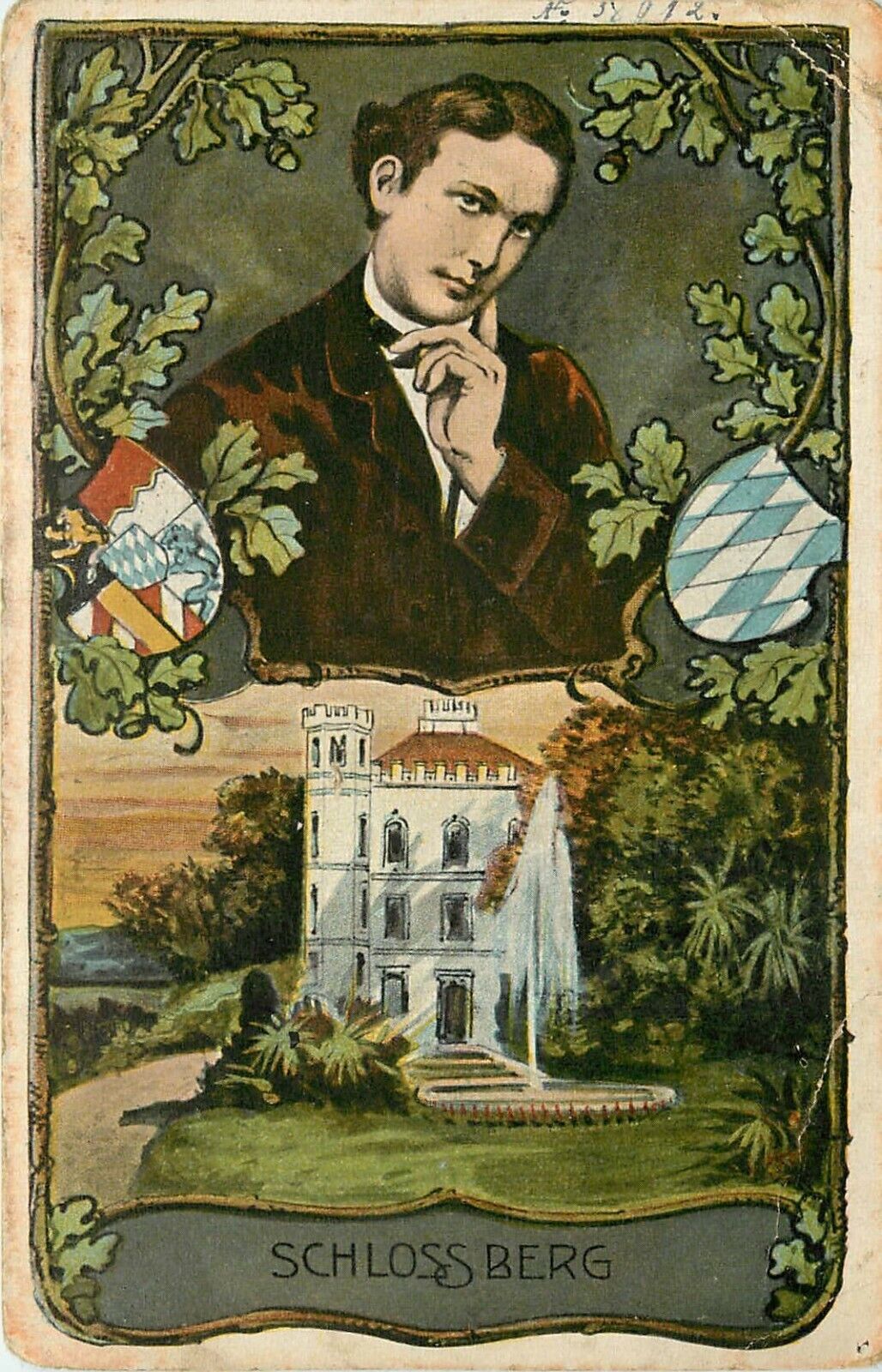 c1913 Postcard; Schlossberg Bavaria Germany & Thoughtful Man, Bayern Stamp