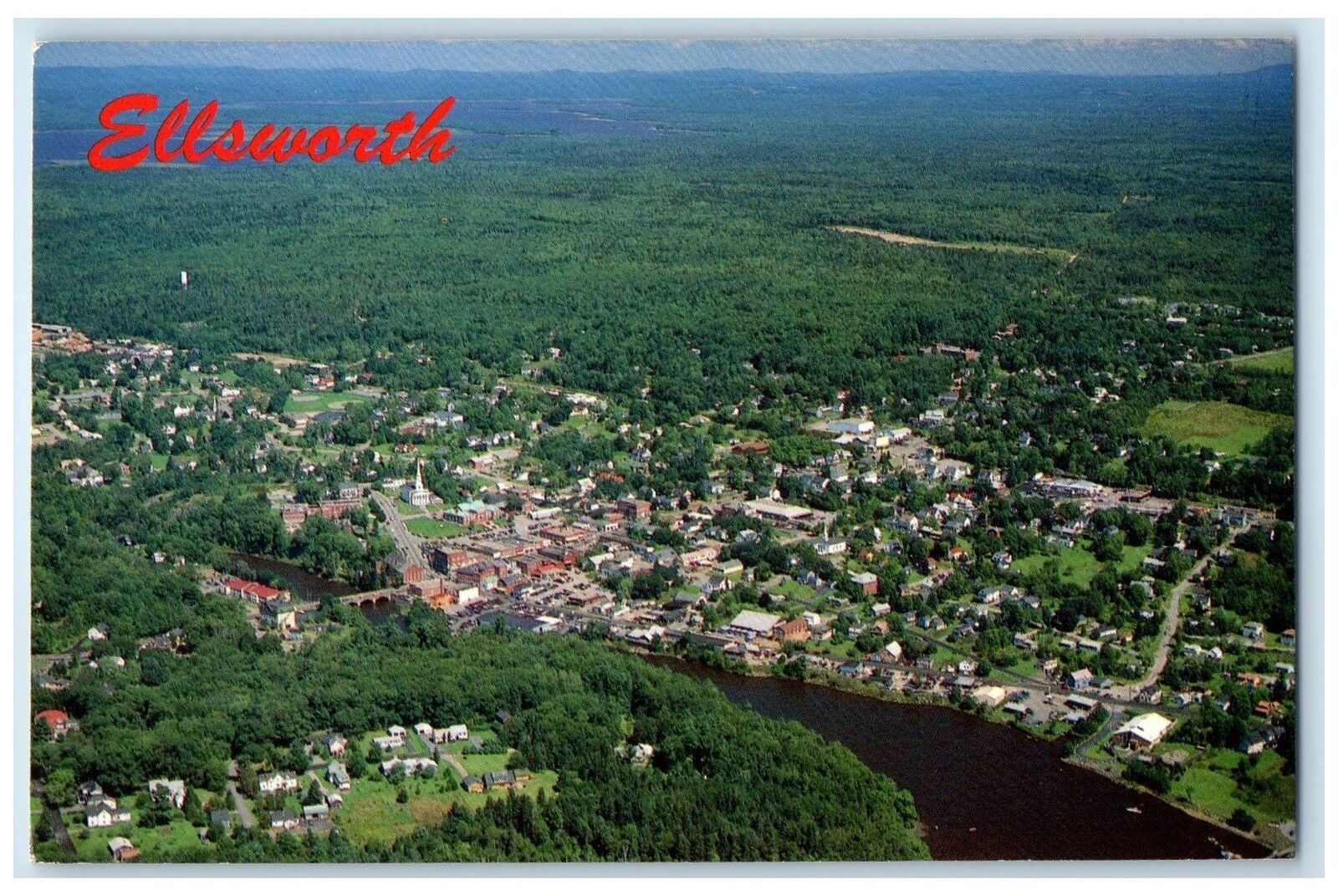 c1950's Aerial View Town River Lake Grove Ellsworth Maine ME Vintage Postcard