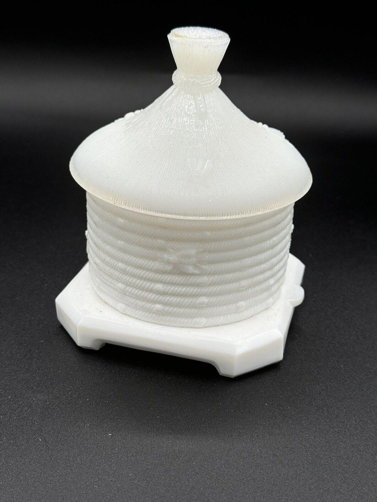 Antique Milk Glass Bee Hive Box Jar with Lid