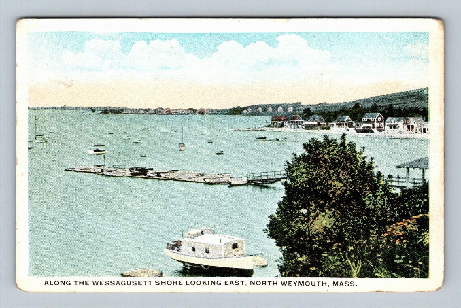 North Weymouth MA, Wessagusett Shore, Boats Pier, Massachusetts Vintage Postcard