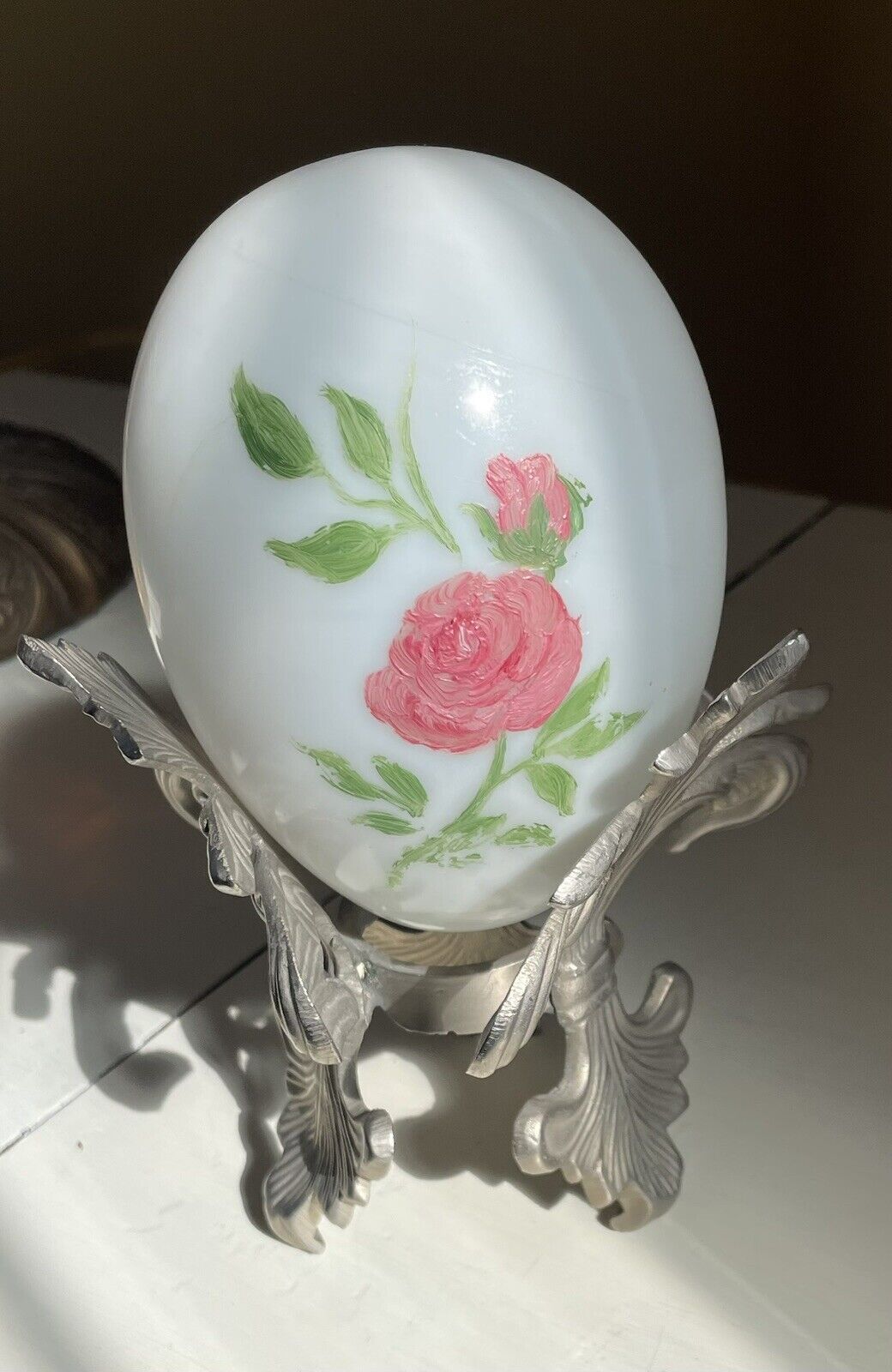 Large Antique Hand Blown Glass Egg With Hand Painted Flowers And A Stand