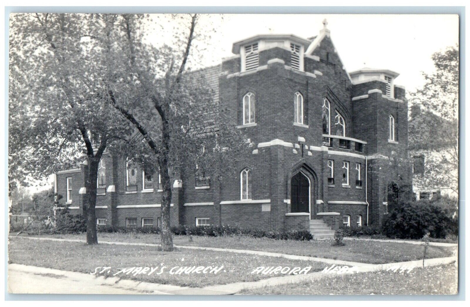 c1940's St. Mary's Church Scene Street Aurora Nebraska NE RPPC Photo Postcard