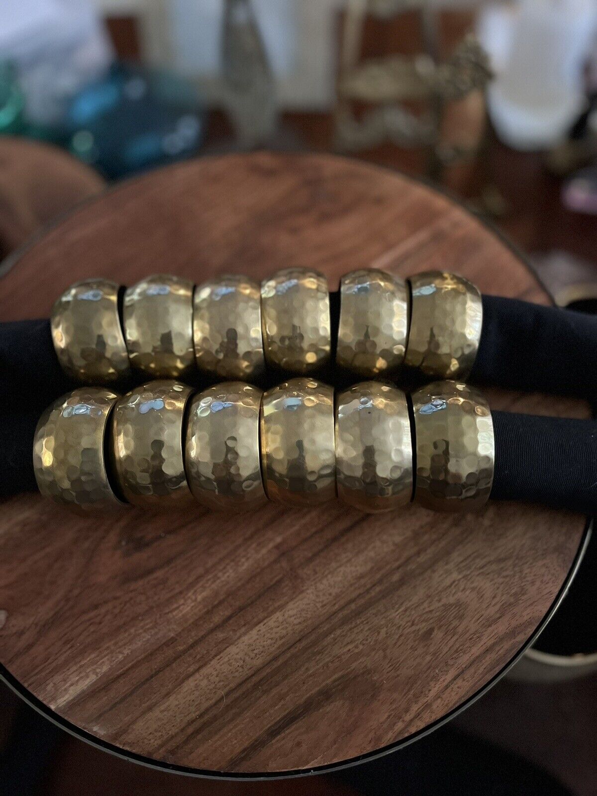 12 Vintage Gorgeous Double Brass Hammered Napkin Rings