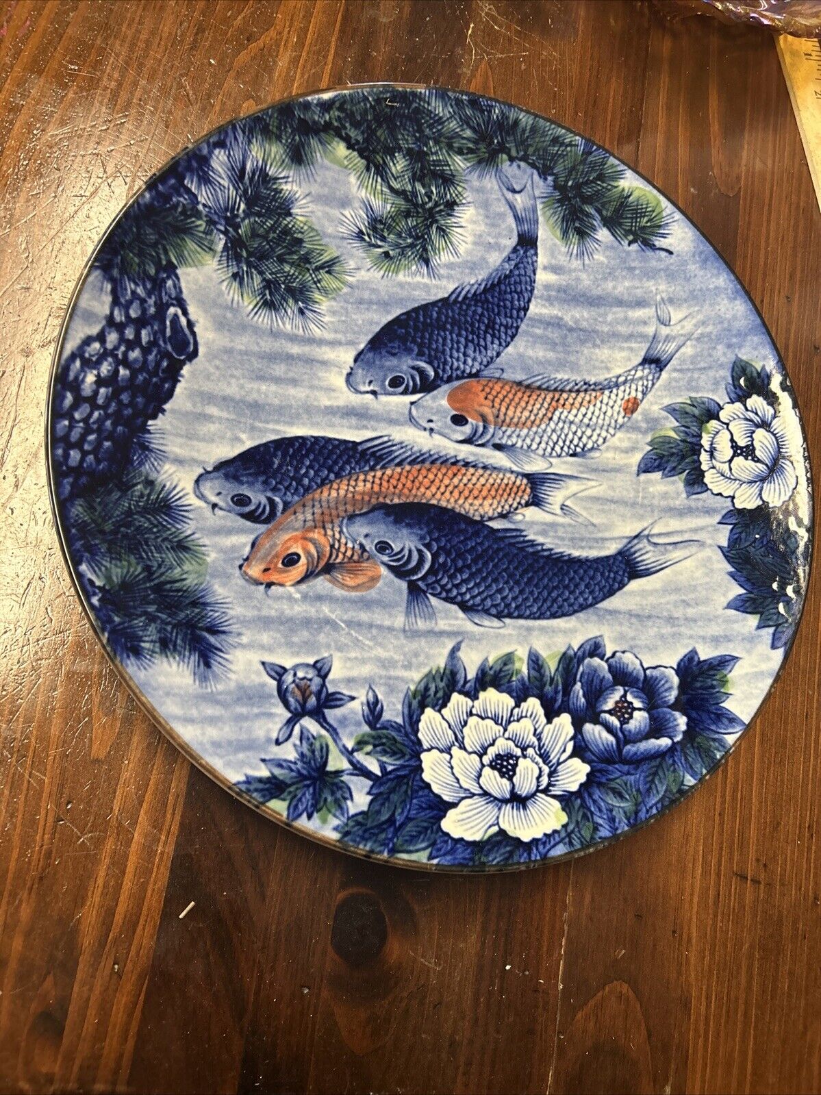 Vintage Japanese Toyo Koi Fish Pond Porcelain Charger Platter /Vivid Color