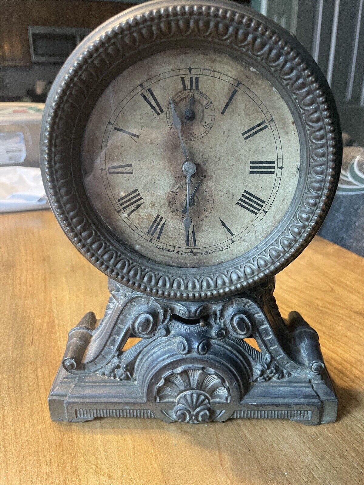 ANTIQUE SETH THOMAS METAL TABLE LONG ALARM CLOCK CIRCA 1909
