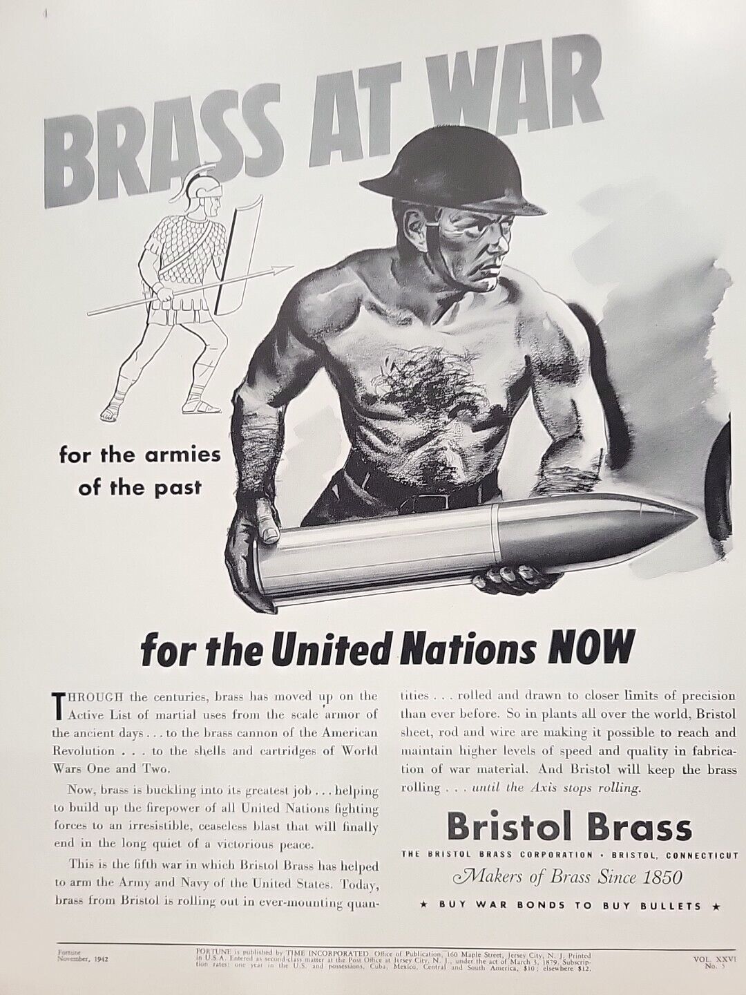 1942 Bristol Brass Fortune WW2 Print Ad Q4 US ARMY Soldier Missile Helmet War