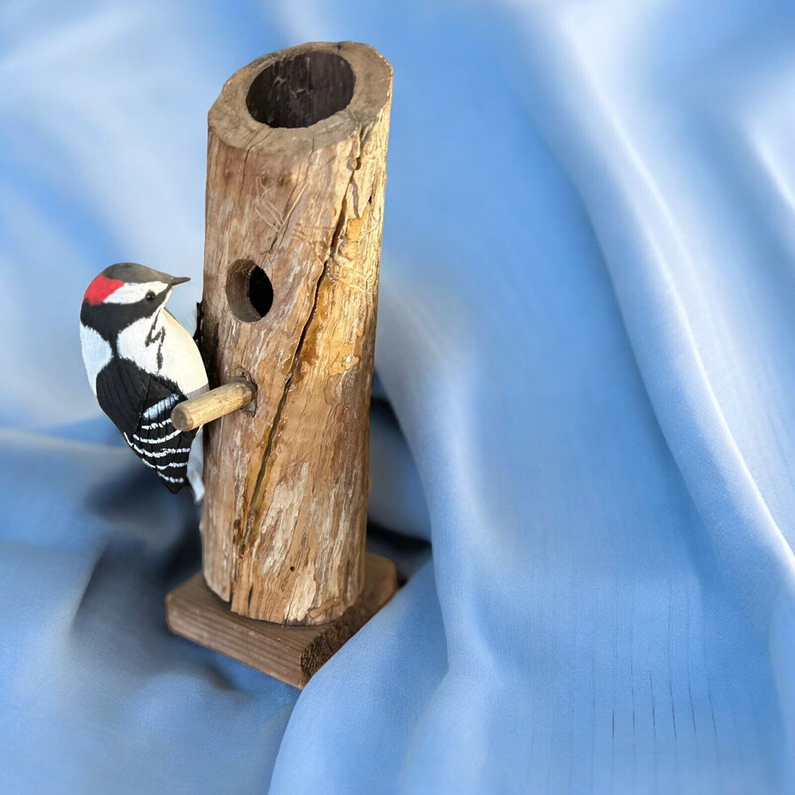 Hand Carved Painted Signed Wooden Woodpecker Against Tree On Stand