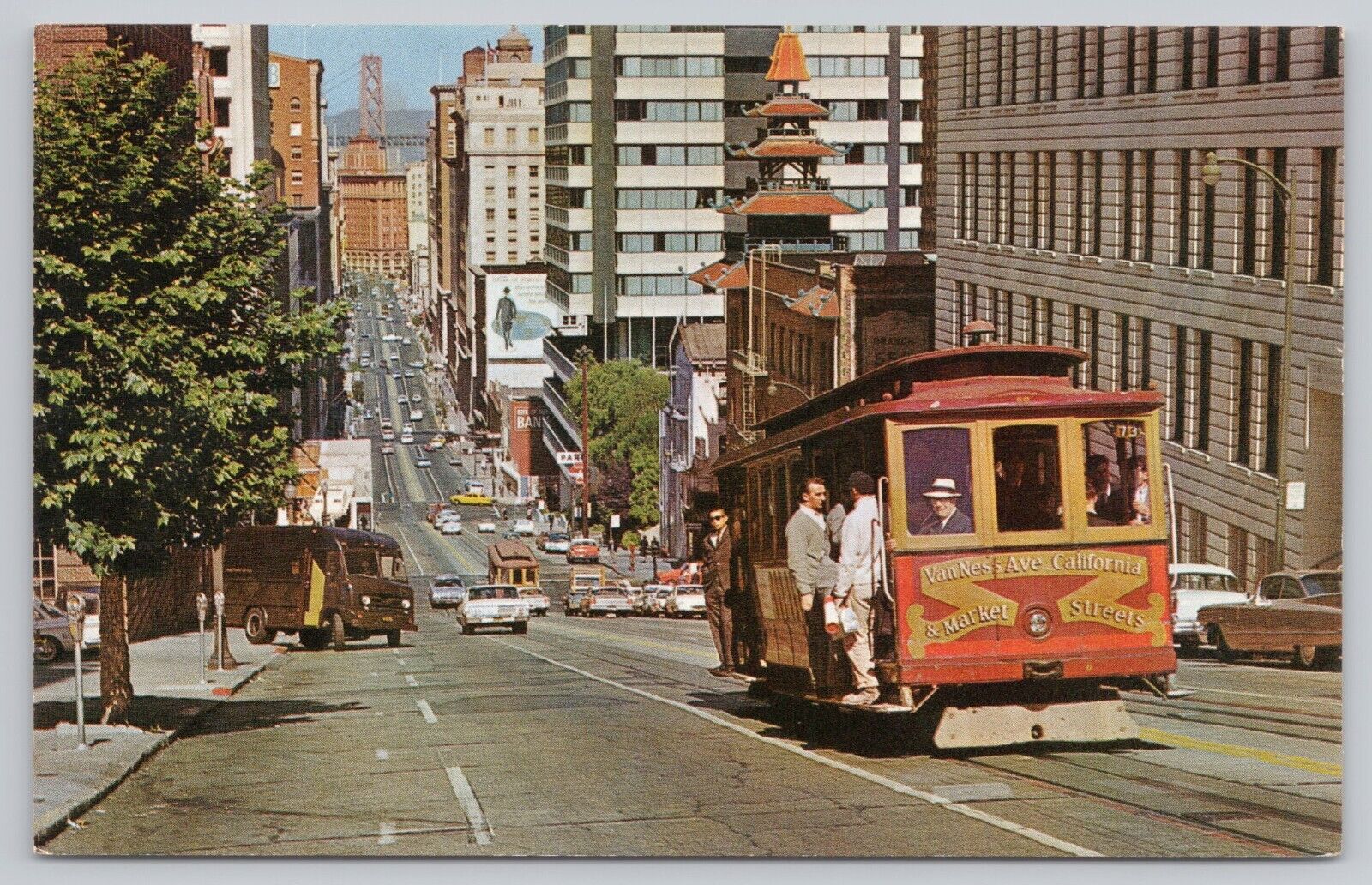 San Francisco CA, Cable Car Trolley on California Street Hill, Vintage Postcard