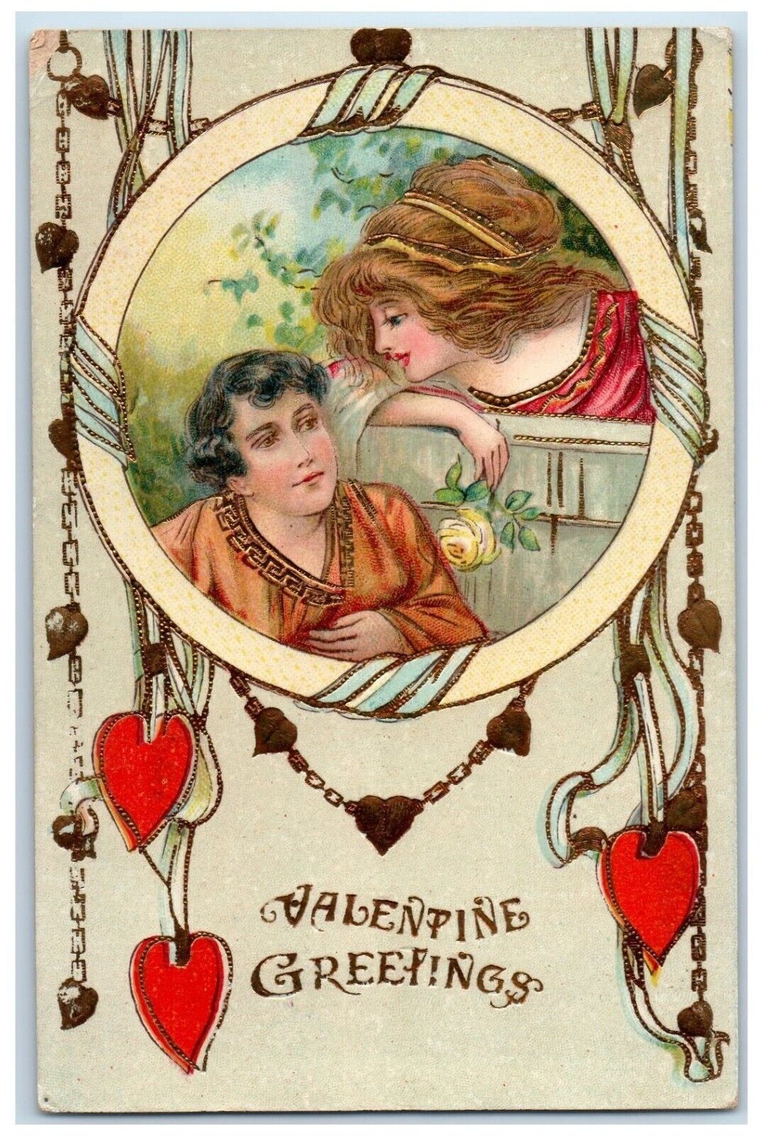 c1910's Valentine Greetings Whimsical Art Nouveau Gel Gold Gilt Posted Postcard