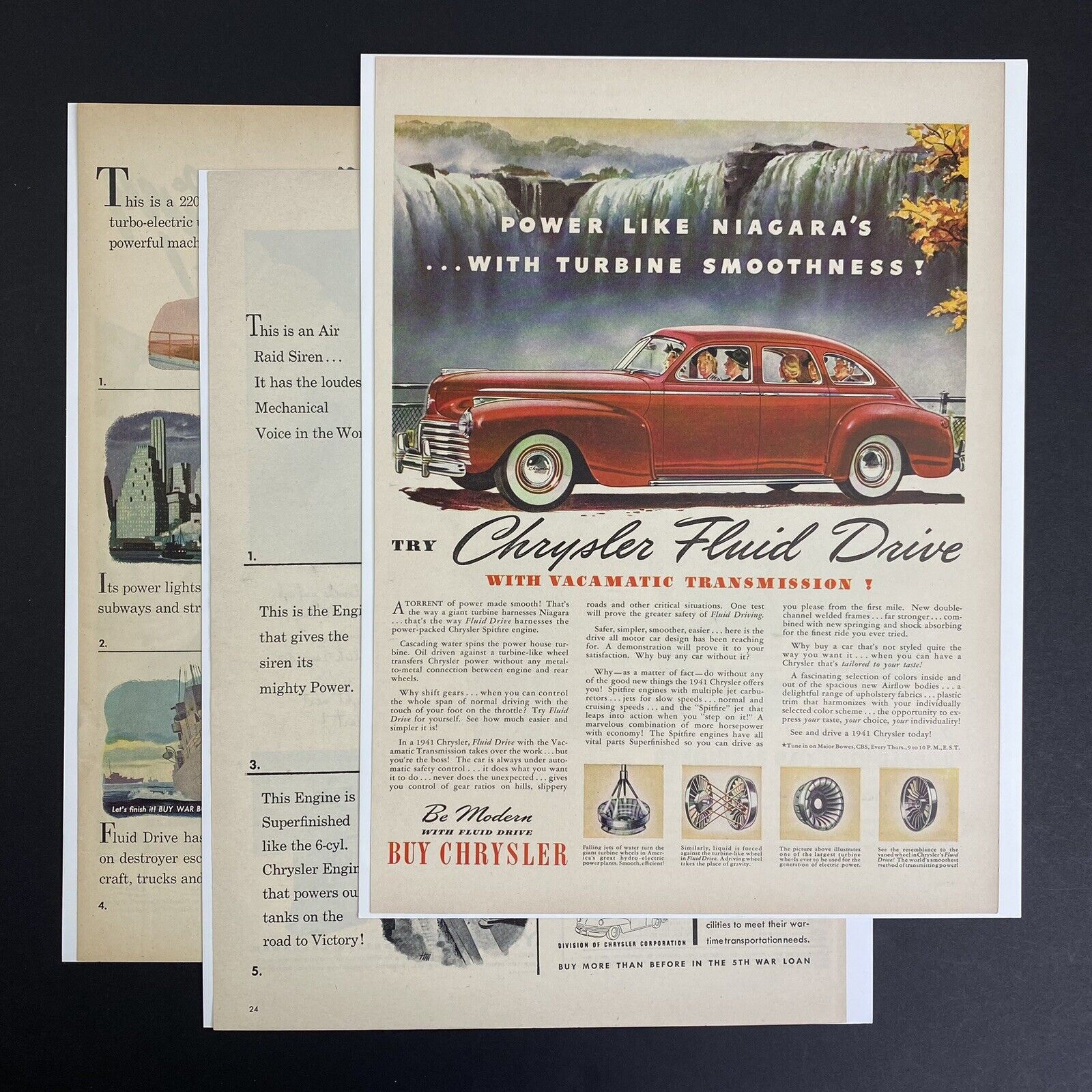 Vintage 1940s Chrysler Automobile Car Print Ad Lot of 3 Fluid Drive WW2