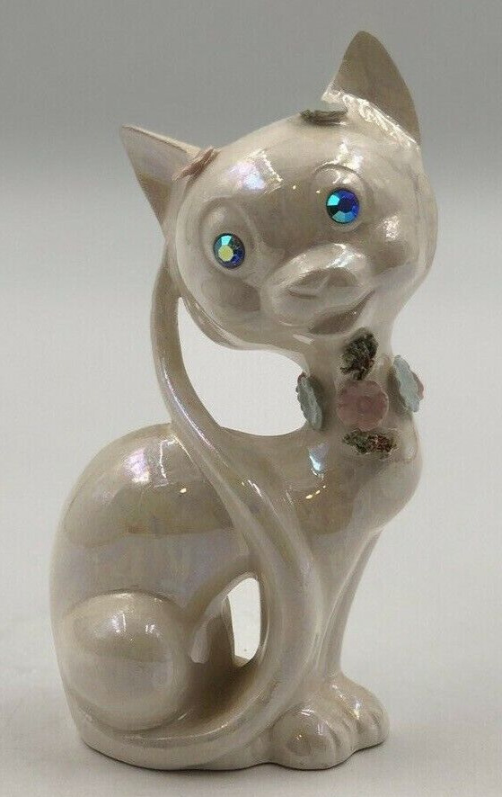 Lefton Cat Figurine White Ceramic Jeweled Eyes Flowers-871-  6\