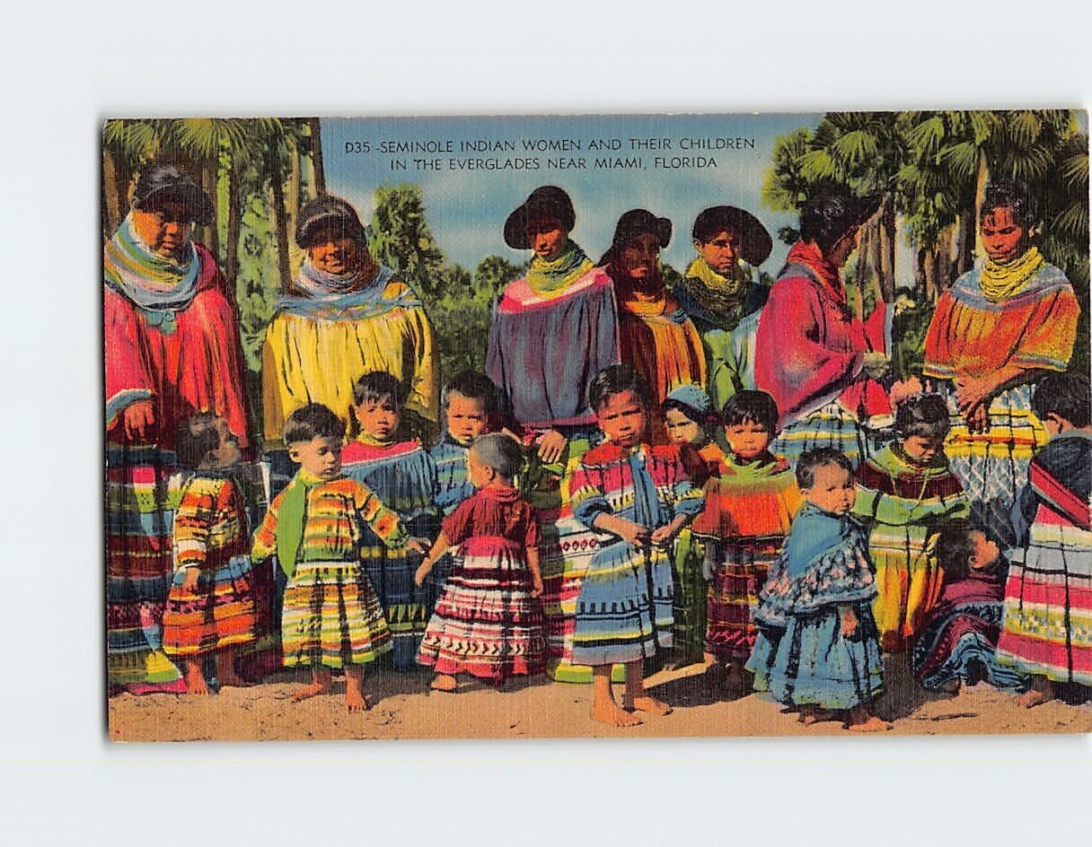Postcard Seminole Indian Women and their Children in the Everglades near Miami