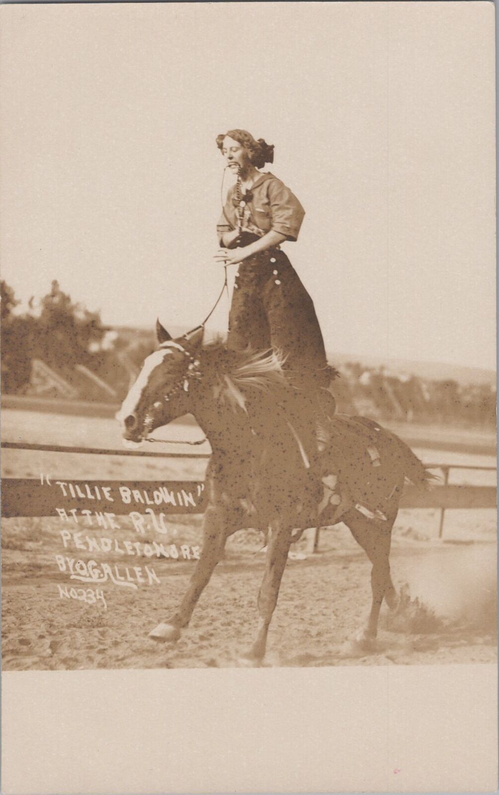 Cowgirl Tillie Baldwin at Pendleton Round-Up Oregon Rodeo RPPC c1910s Postcard