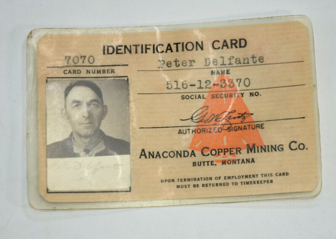 Anaconda Copper Mining Co ID 1943 Identification Card Butte Montana Employee Vtg