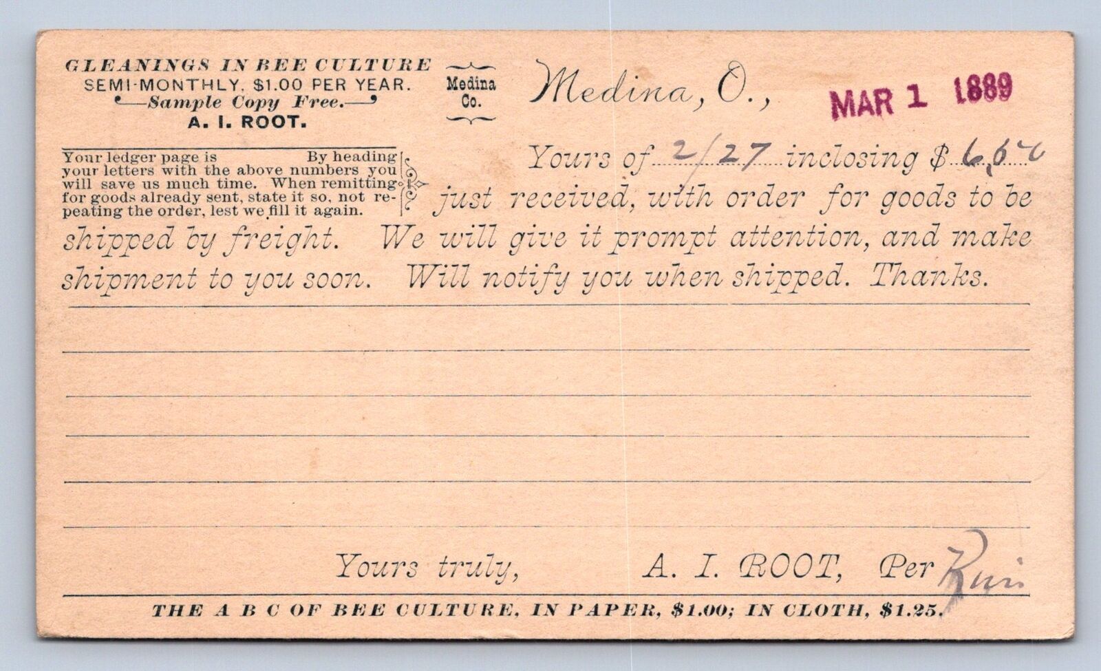 J89/ Medina Ohio Postcard c1889  A.I. Root Bee Culture Newsletter Apiary 270
