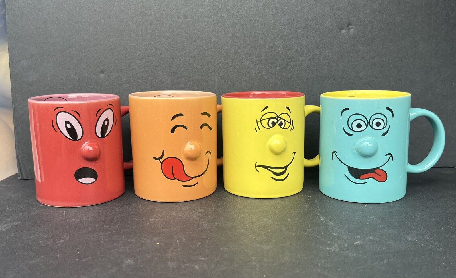 Vtg Set of 4 Atico International Coffee Mug Cups 3D Silly Happy Smiling Face