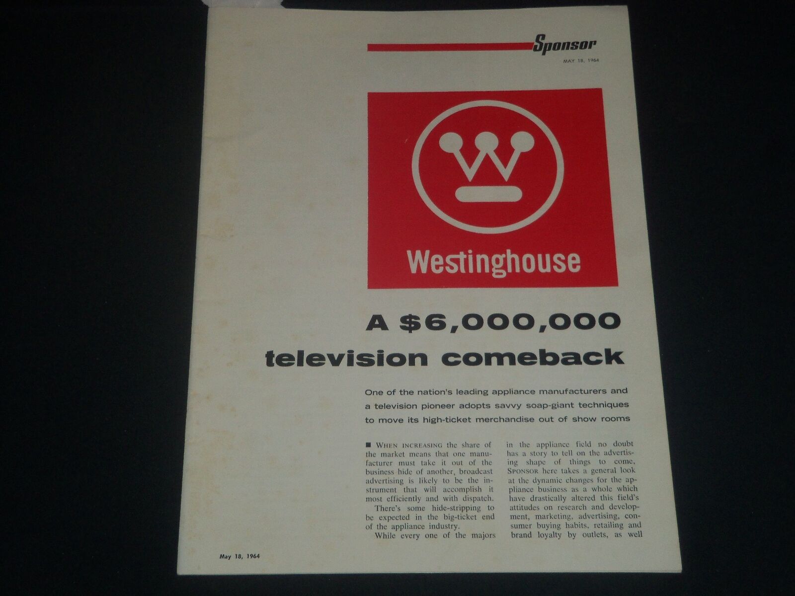 1964 MAY 18 WESTINGHOUSE $6,000,000 TV COMEBACK PROGRAM - J 4292
