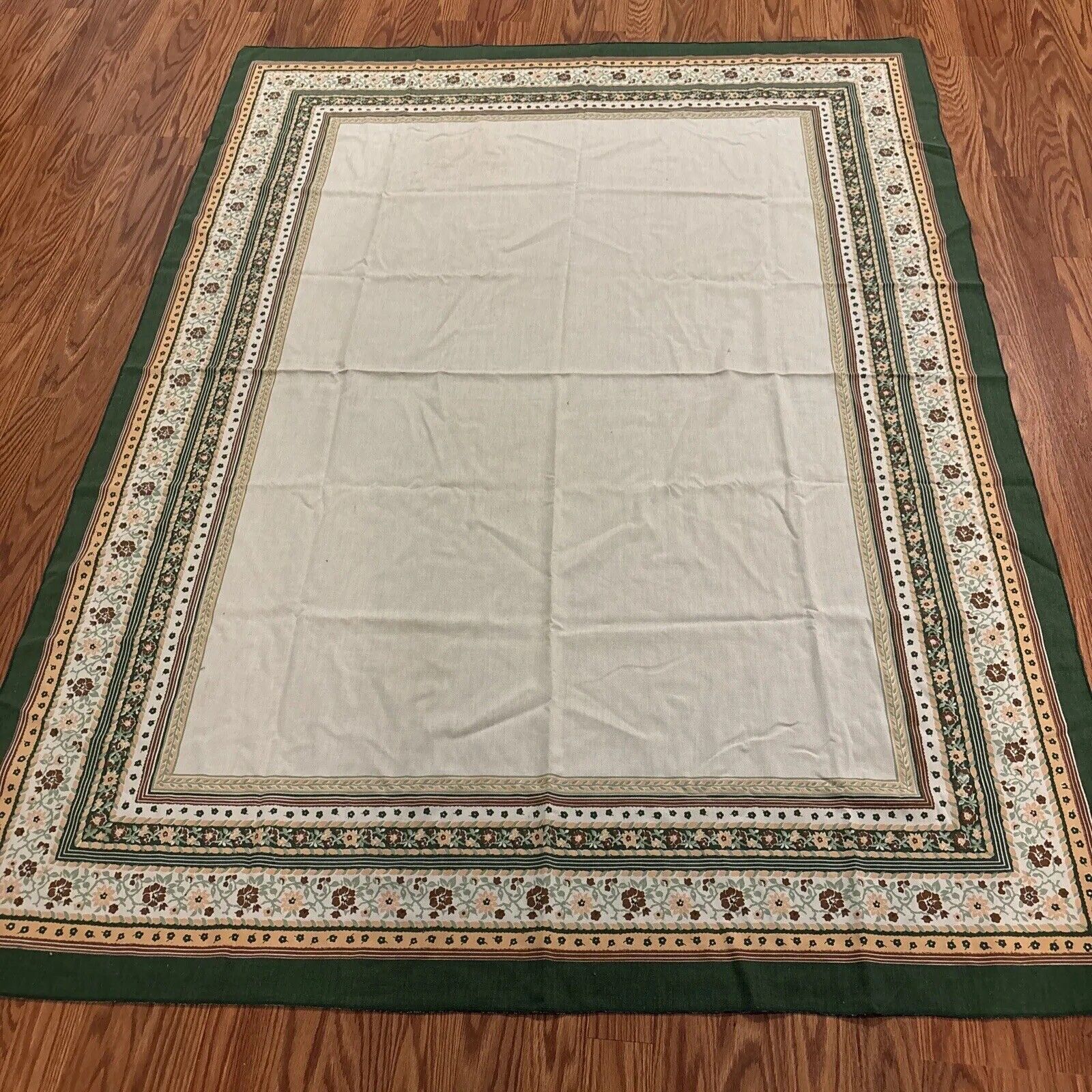 Vintage Cacharel Tablecloth 69” X 51” Green, Gold, Etc. Beige Tablecloth