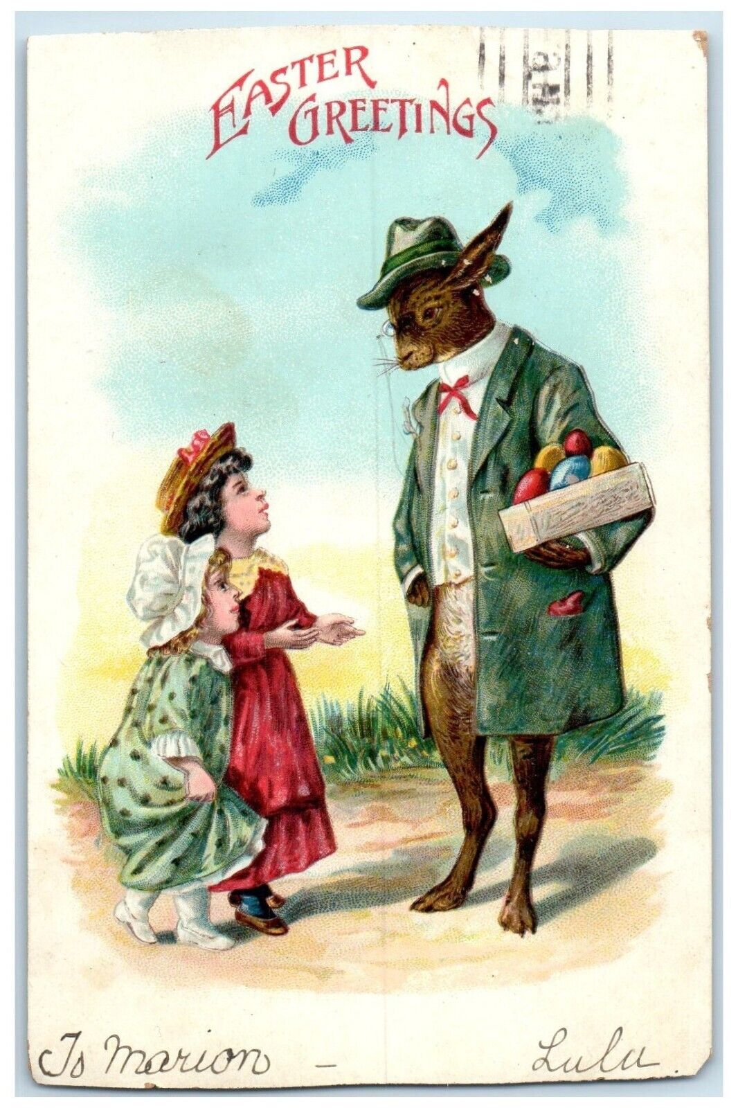 c1910's Easter Greetings Anthropomorphic Rabbit Eggs Children Embossed Postcard
