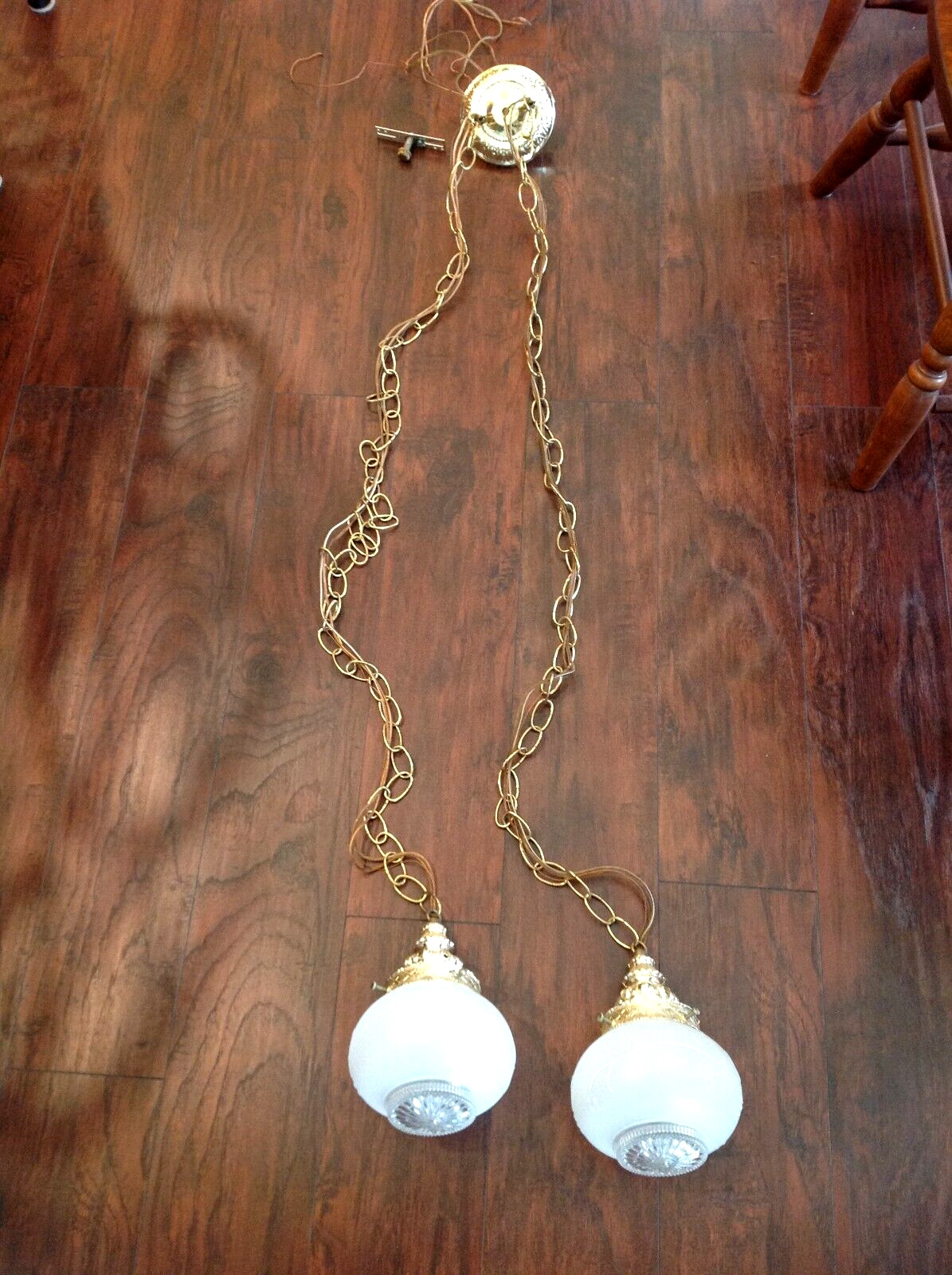 Vintage MCM 50's & 60's Double Swag Frosted Glass Light Fixtures 4ft Chains