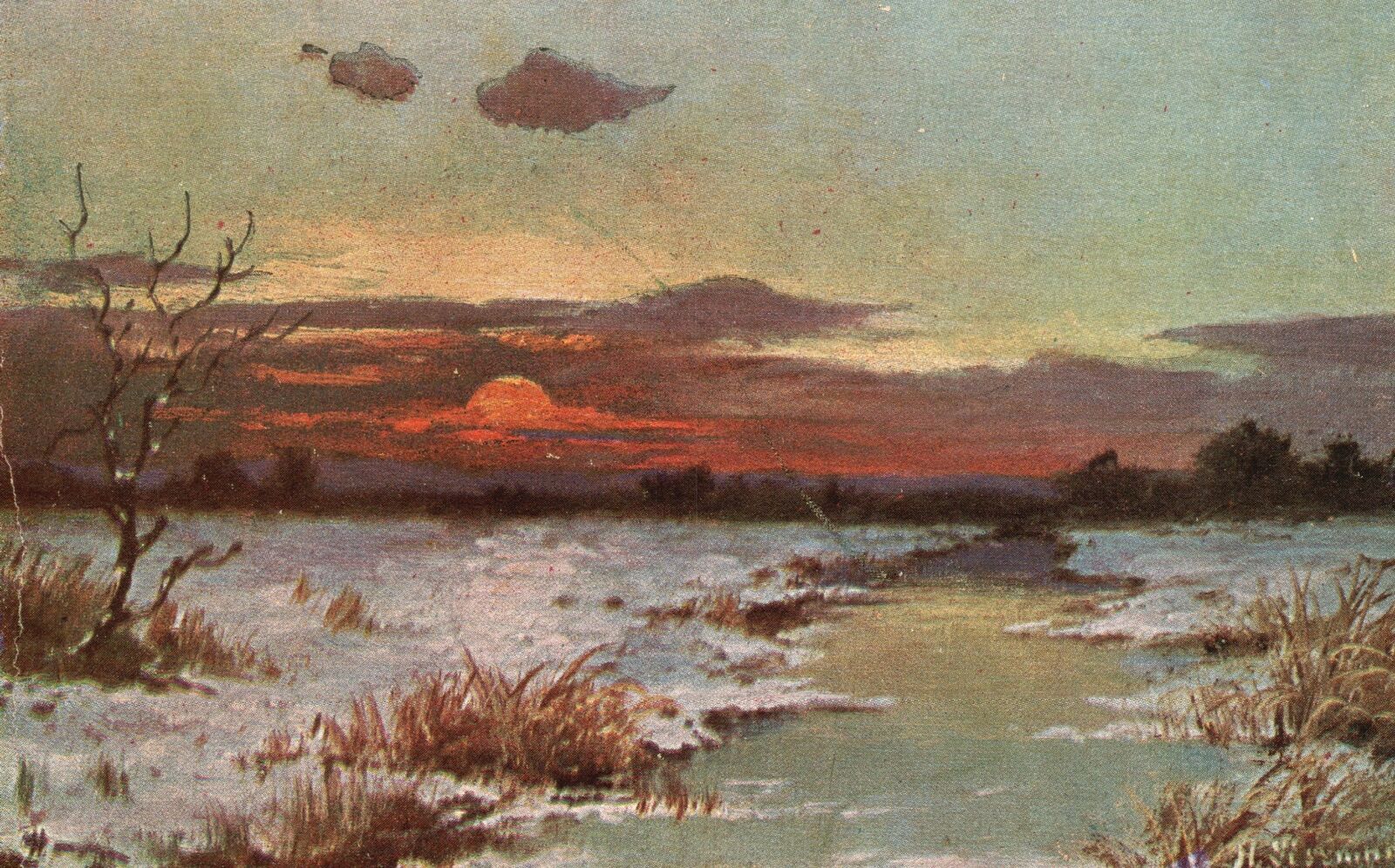 Vintage Postcard 1910's Beautiful Sunset Scene Countryside Field Stream Artwork