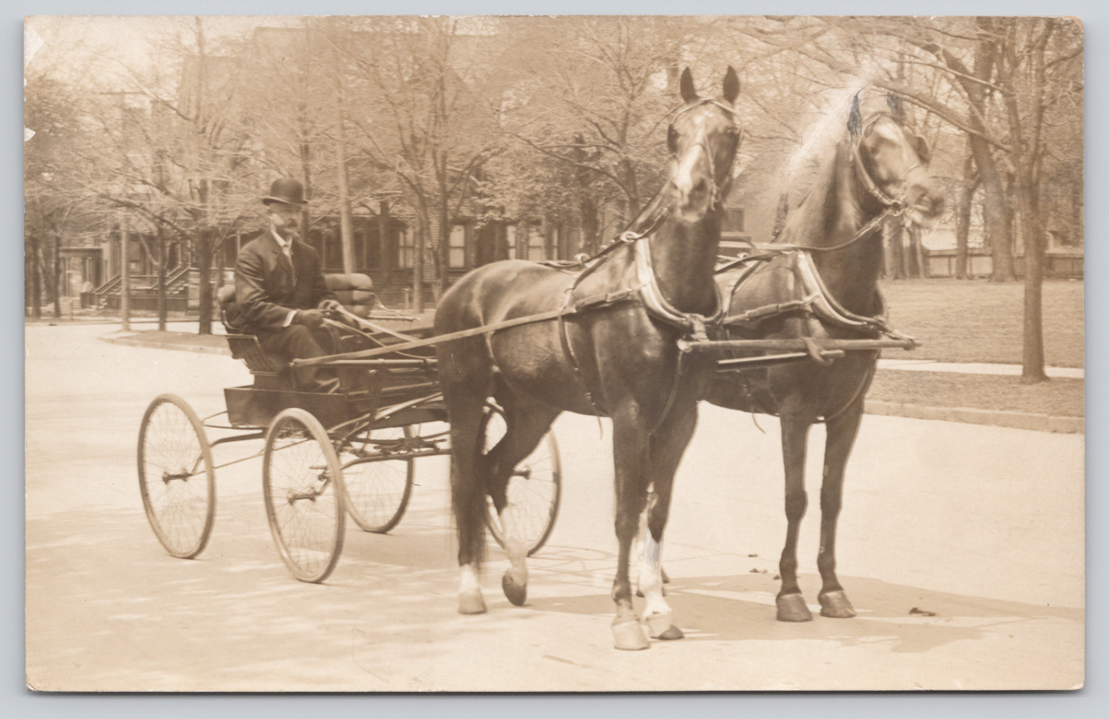 RPPC Man Wearing Bowler in His 2 Horse Carriage Real Photo Postcard A1080
