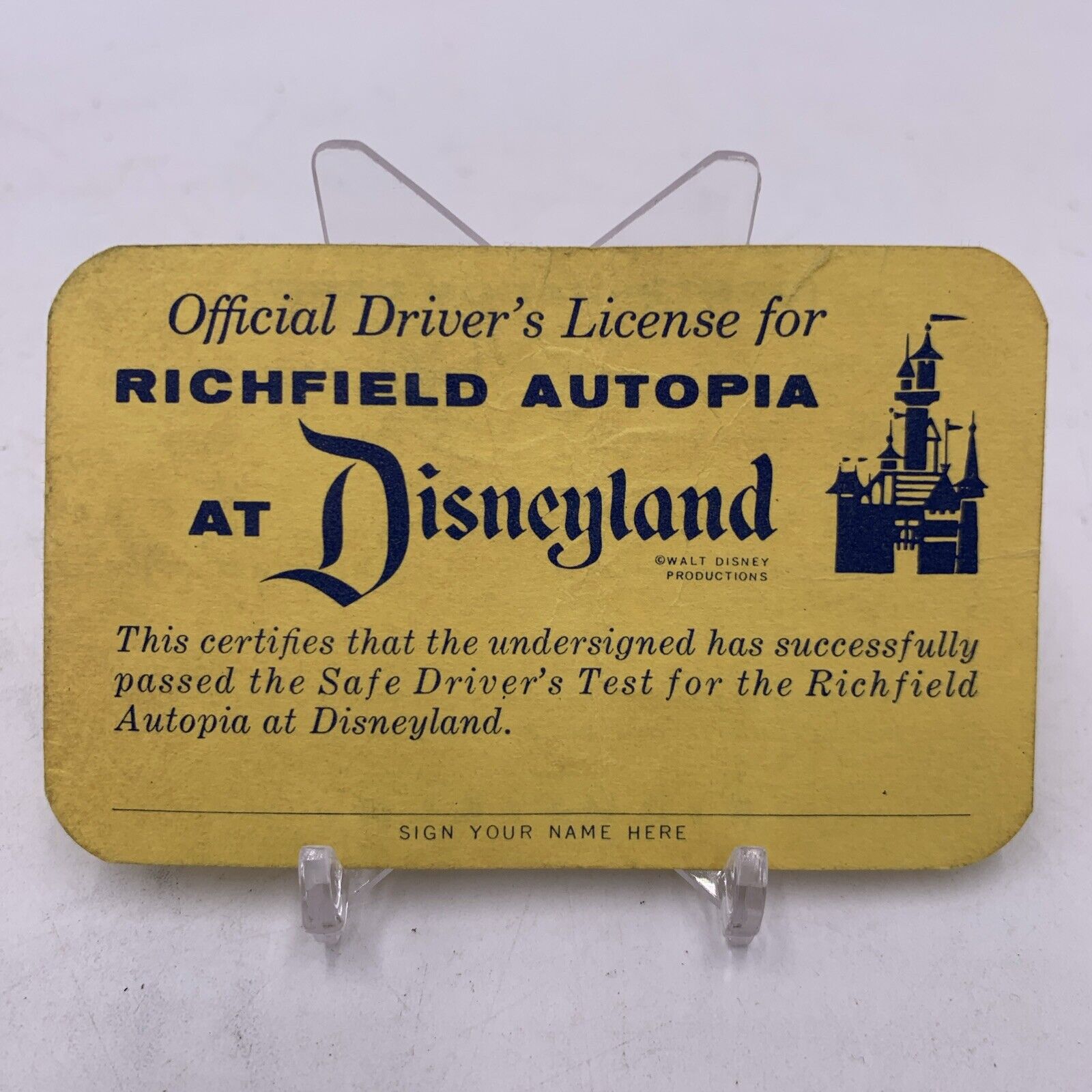 Vintage 1950's Disneyland Richfield Autopia Official Driver's License Unsigned