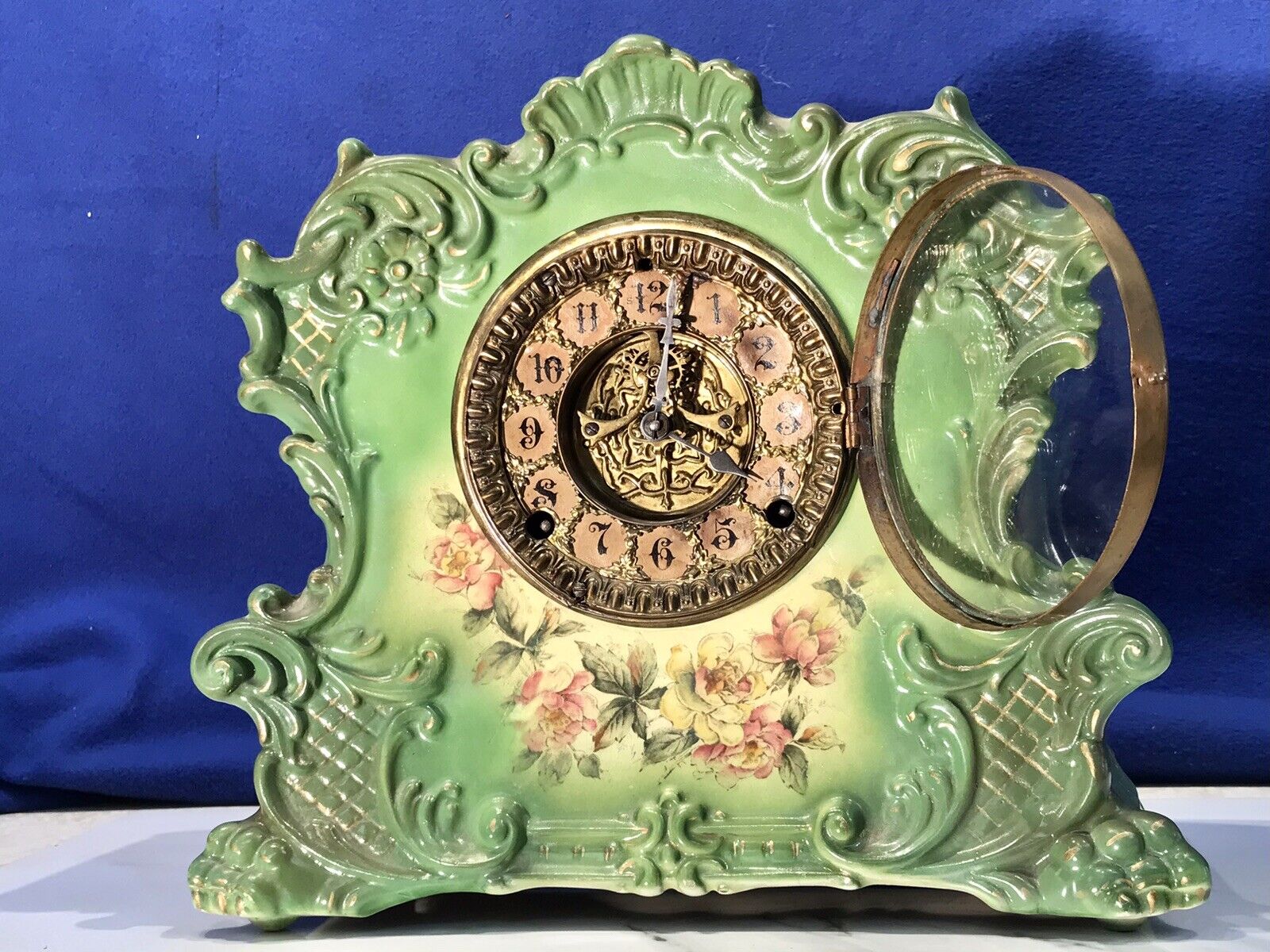 1903 ANTIQUE GILBERT,PORCELAIN DOUBLE STRIKES PORCELAIN CLOCK ,PORCELAIN CASE