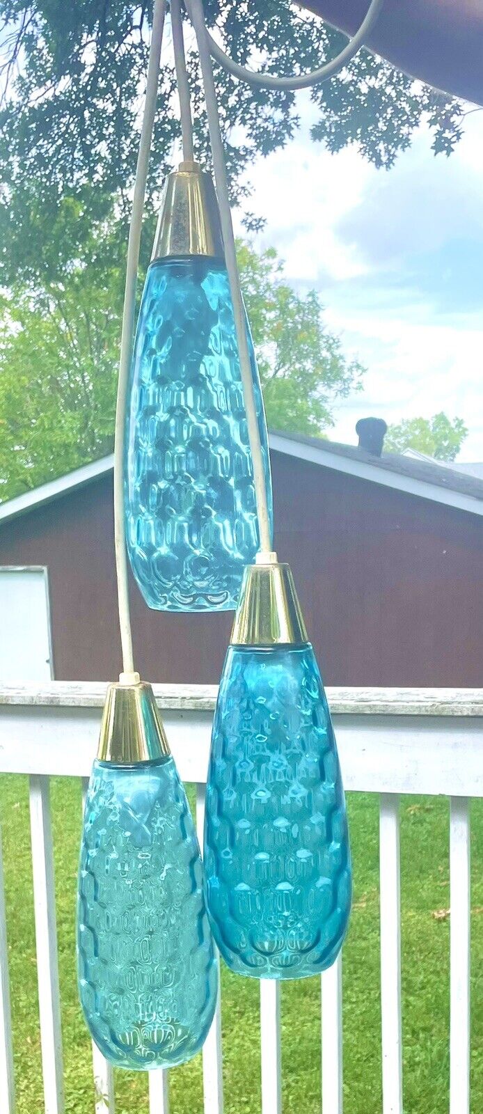 3 Vtg MCM Glass Pendant Lights Aqua Blue Turquoise Honeycomb Bubble Texture