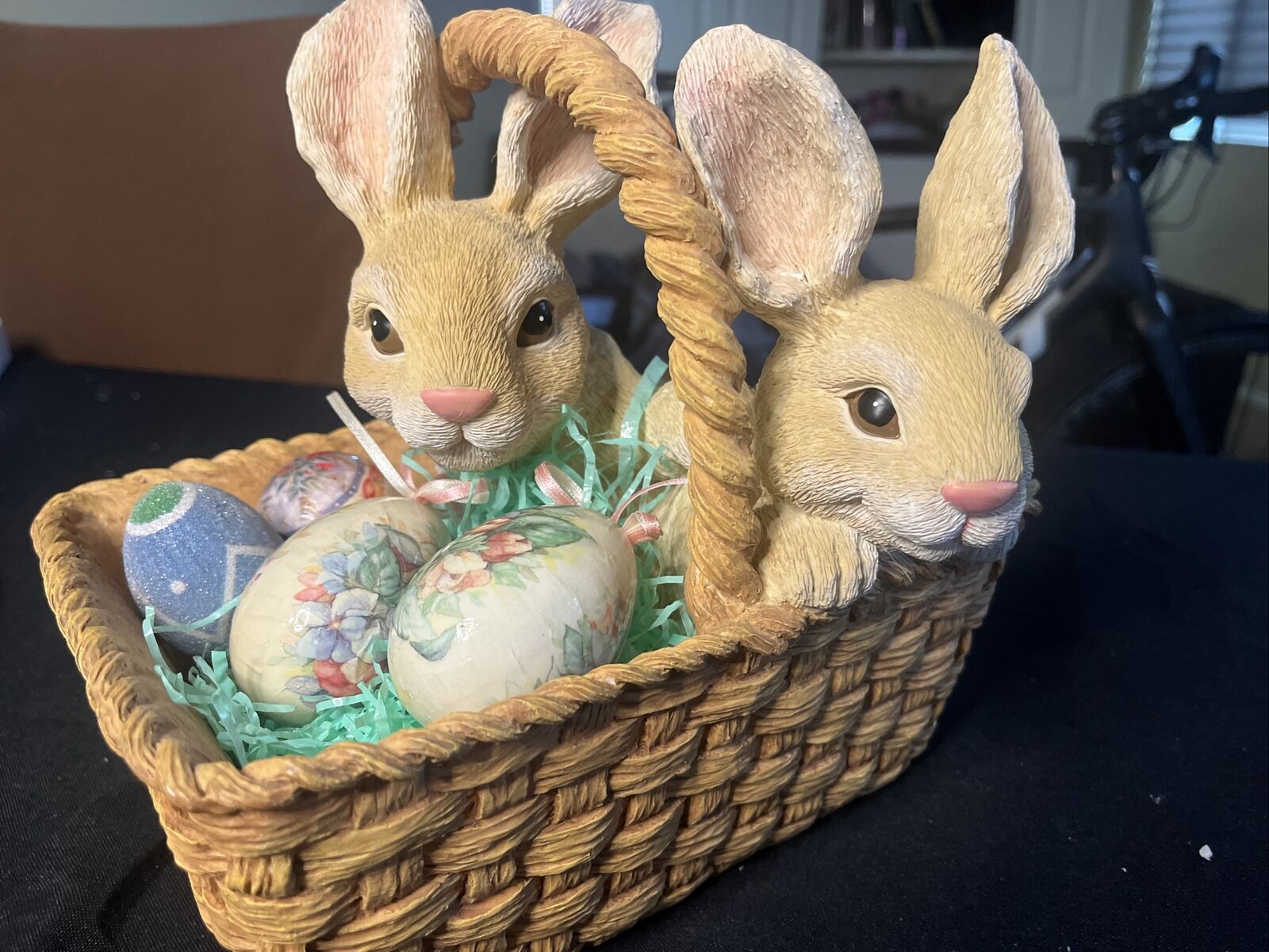 Easter Bunnies In A Large Straw Basket With Eggs Bunny Rabbit Adorable Resin