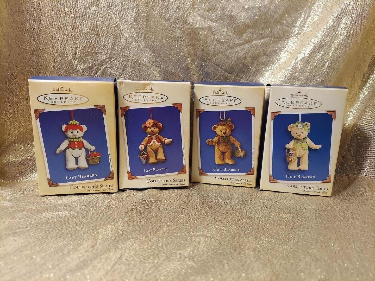 Lot Of 4 Hallmark Gift Bearers 02, 03, 04,05, Jointed Porcelain Bear Ornaments