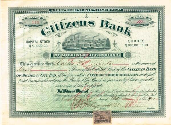 Citizens Bank of Michigan City, IN - Stock Certificate - Banking Stocks