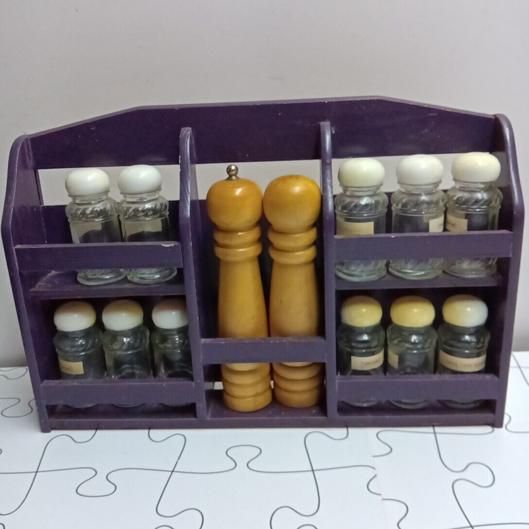 Vintage Purple  2 Tier Wooden Spice Rack with 10 Jars And Salt Pepper Grinder