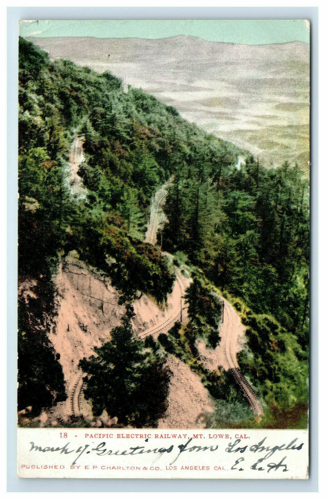 1907 Mt Lowe California Pacific Electric Railway Postcard Hand Colored Undivided