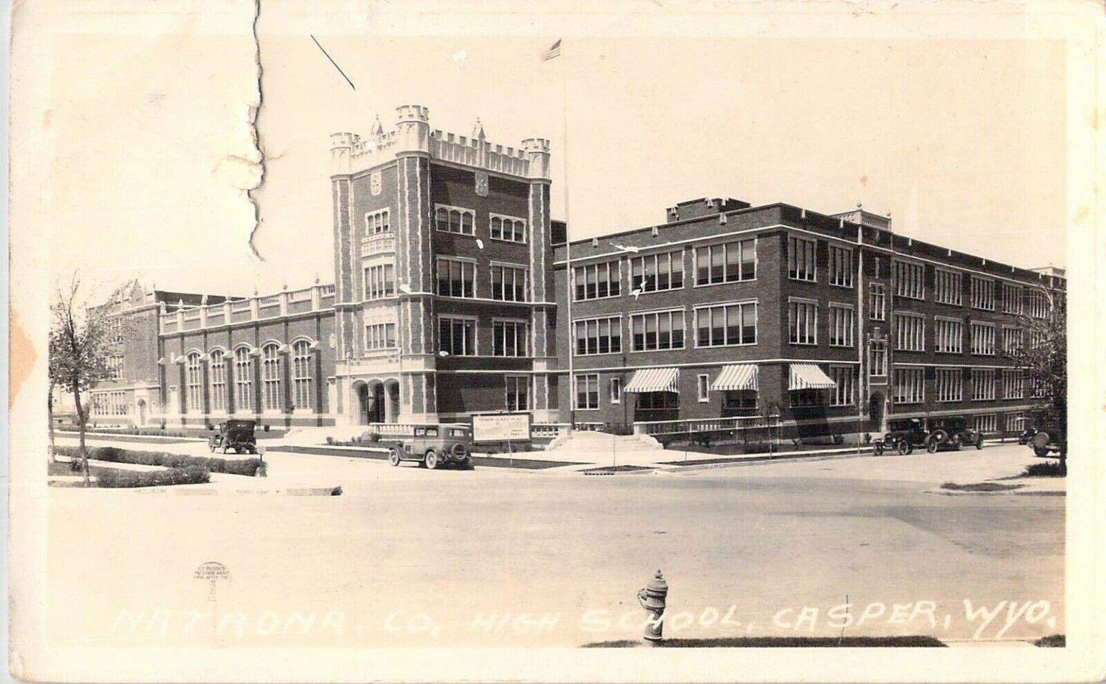 Natrona County High School, Casper, Wyoming Real Photo Postcard 1934 postmark