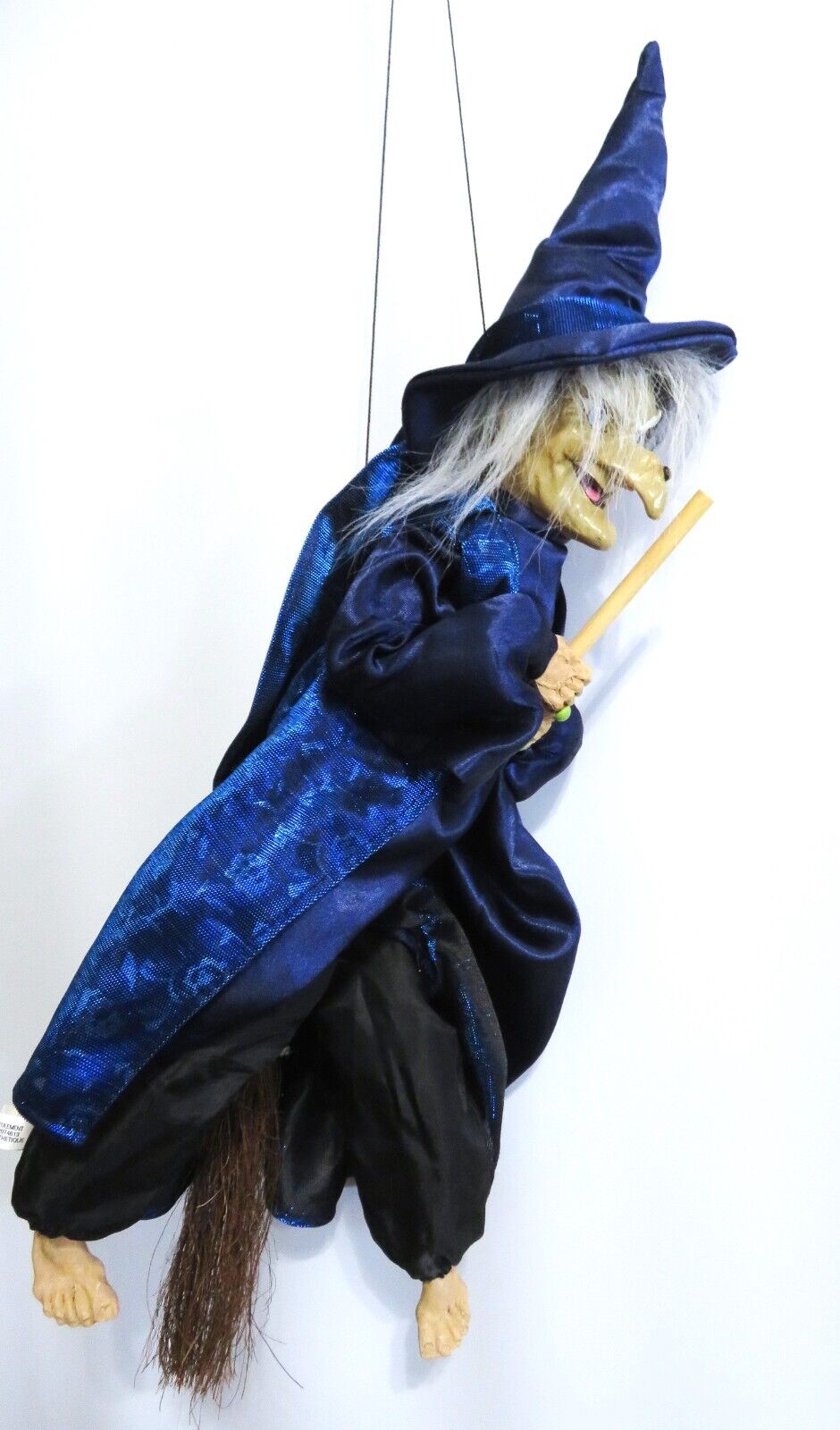 Vintage Ganz Halloween Hanging Witch 18” Blue Cape Barefoot Riding Broom