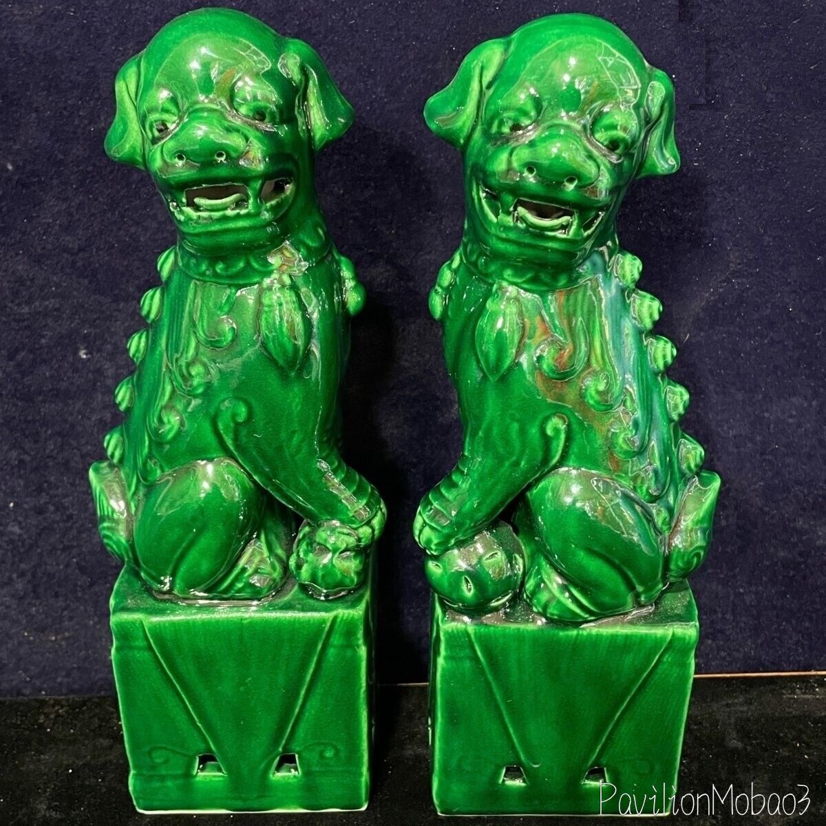Pair Jingdezhen Green Porcelain Foo Fu Dog Lion Statue Guardion Lion Decor