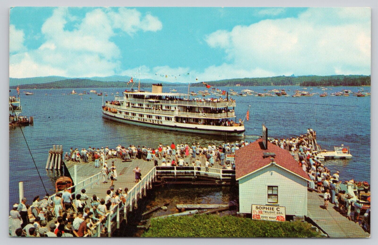 View of Mount Washington Boat-A-Rama Weirs Beach New Hampshire Vintage Postcard