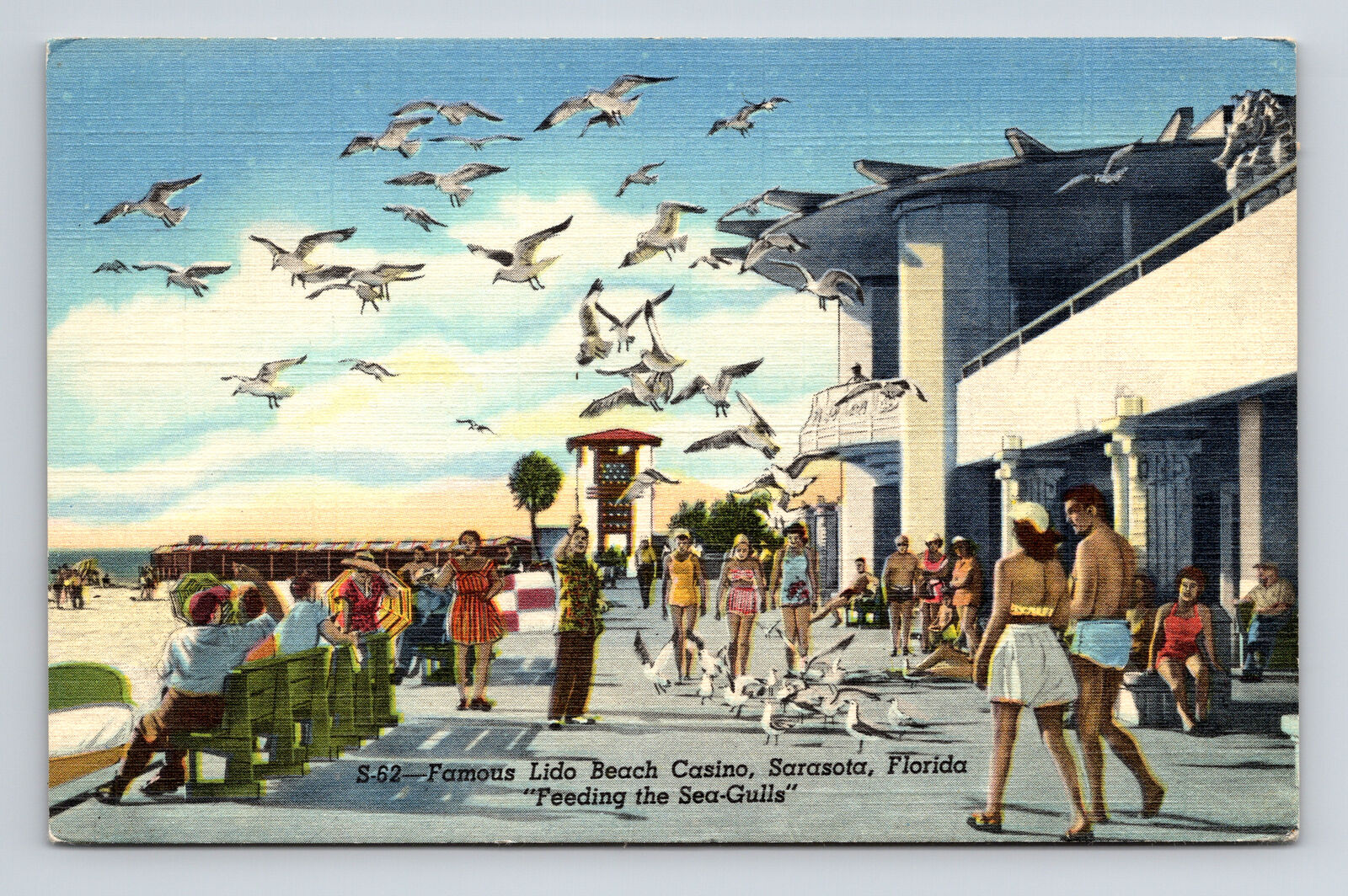 c1951 Linen Postcard Sarasota FL Florida Lido Beach Casino Boardwalk Sea Gulls