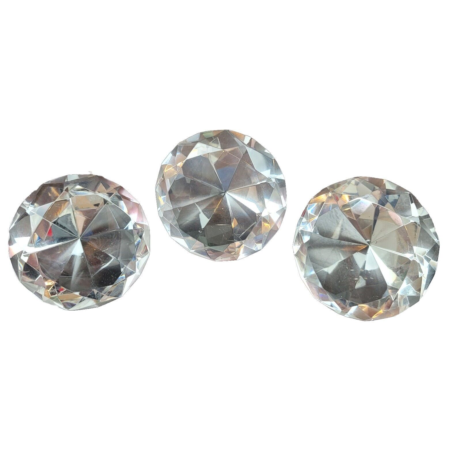 Set of 3 Faceted Round Clear Glass Diamond Cut Paperweight Art Glass 3in 80mm