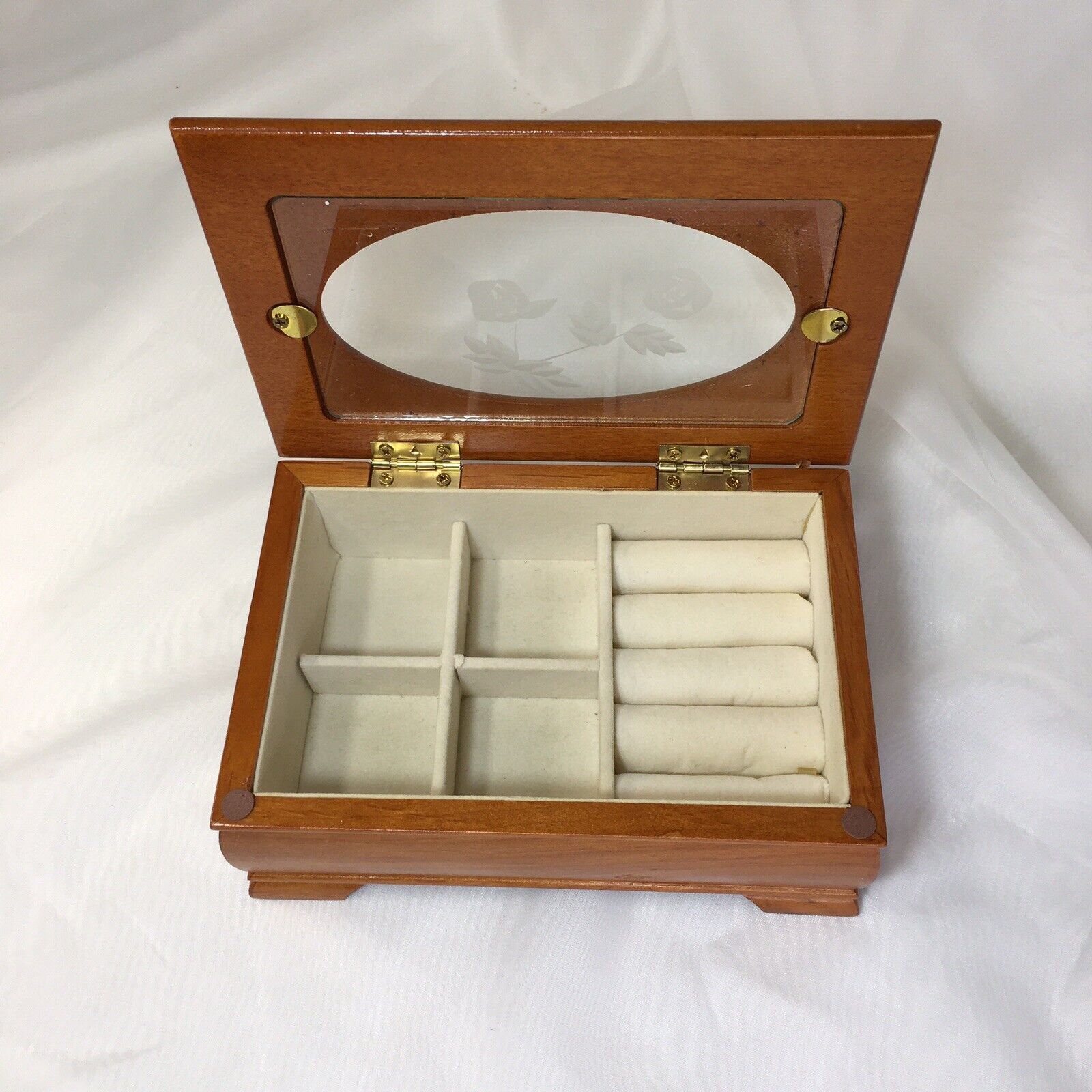 Vintage Wooden Jewelry Box, Etched Glass ❤️
