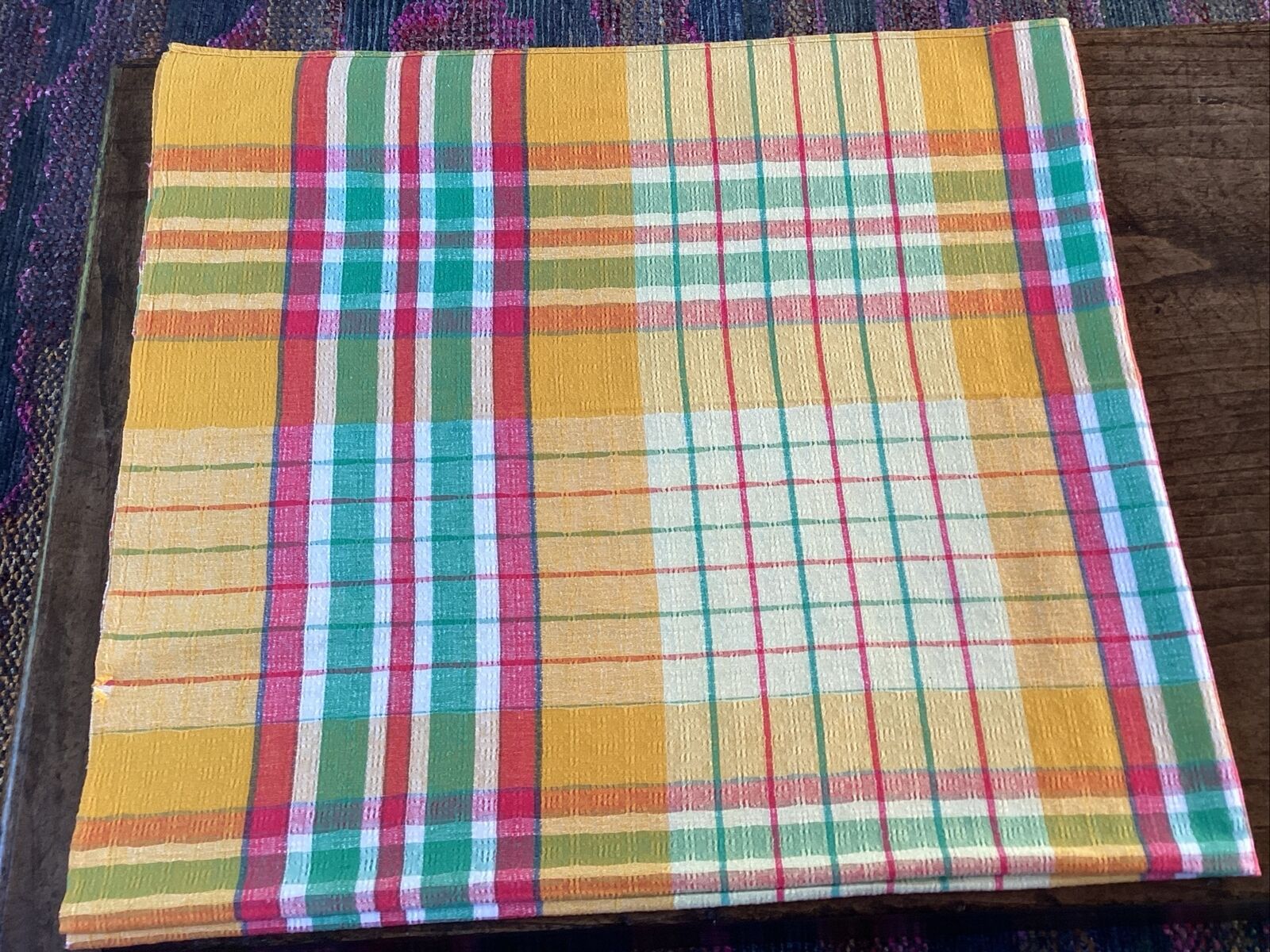 VINTAGE GREEN,YELLOW & RED RECTANGULAR LINEN TABLECLOTH FABRIC HABERDASHERY.