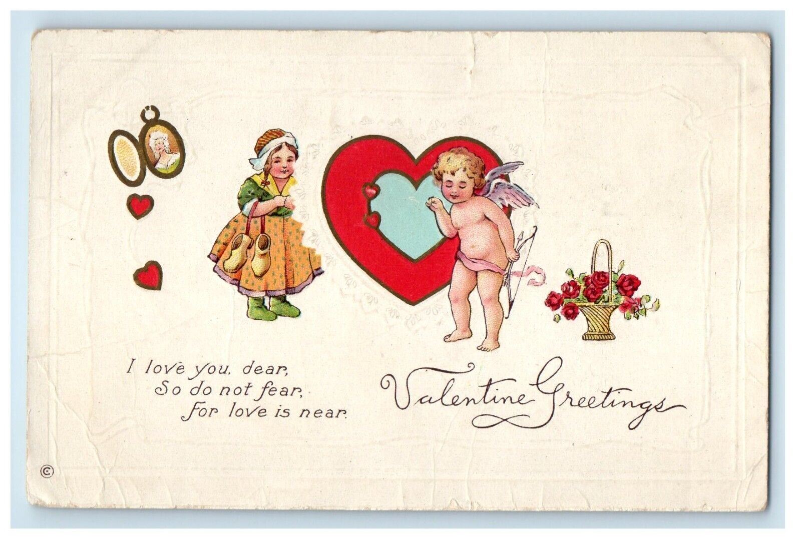c1910's Valentine Greetings Dutch Girl Cupid Angel Hearts Flowers Postcard