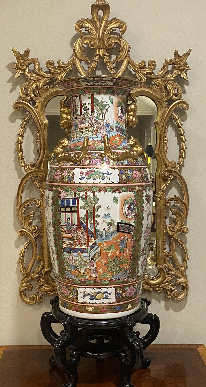 Magnificent Hand-painted Famille Rose Porcelain Floor Jar , Solid Wood Pedestal