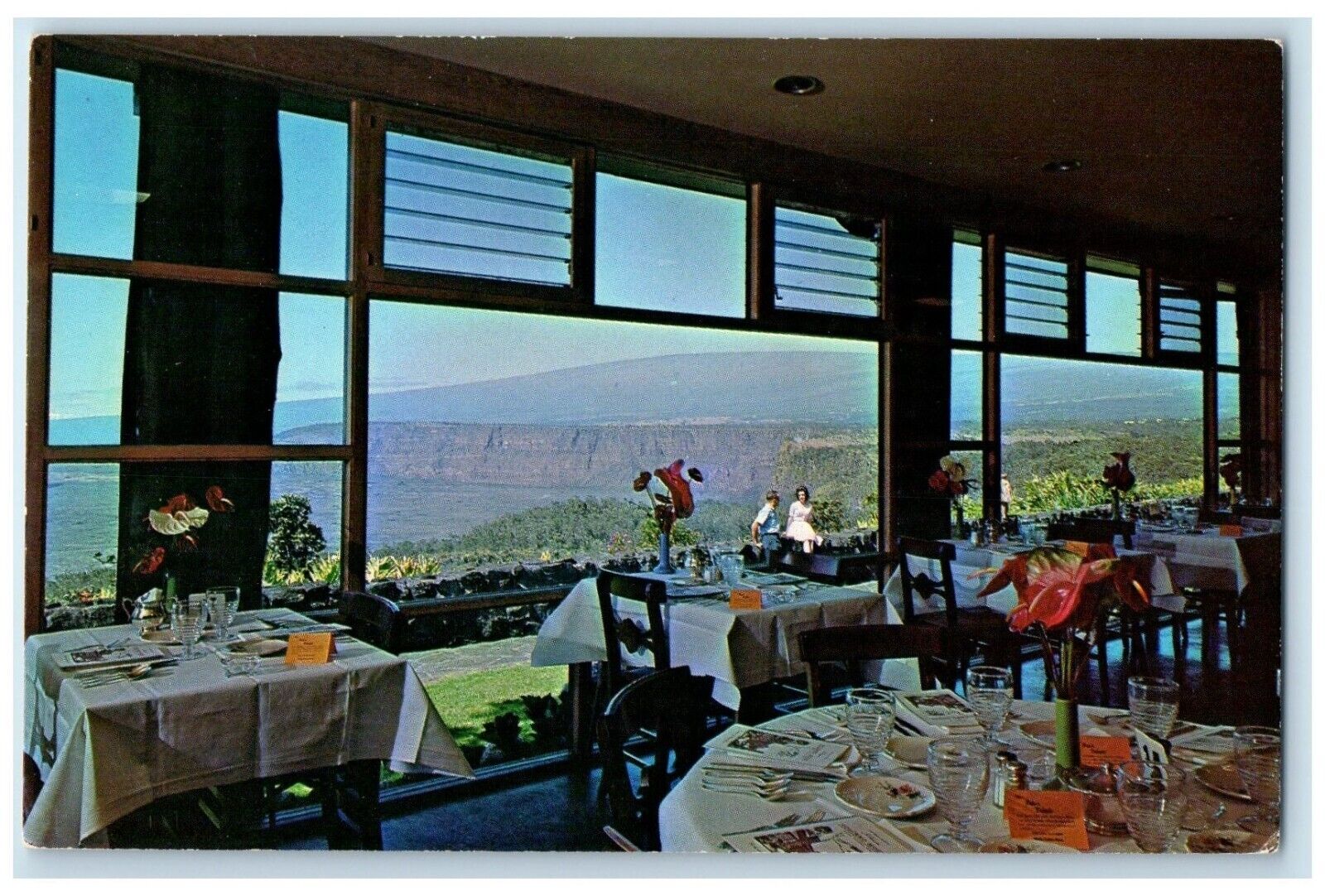 c1960 Panoramic View Volcano House Dining Room Mauna Loa Caldera Hawaii Postcard