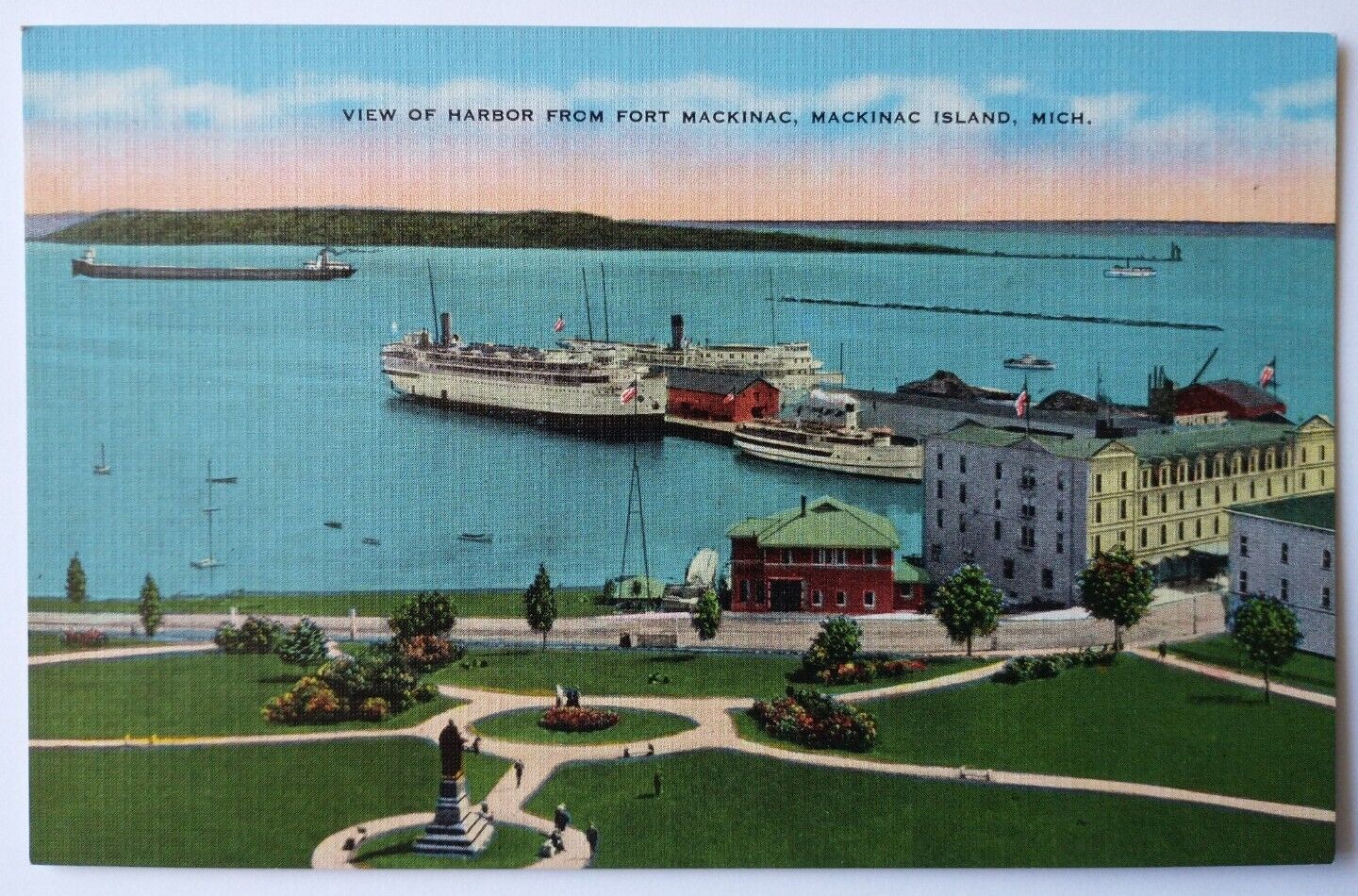 View of Harbor from Mackinac, Mackinac Island, Michigan MI Linen Postcard