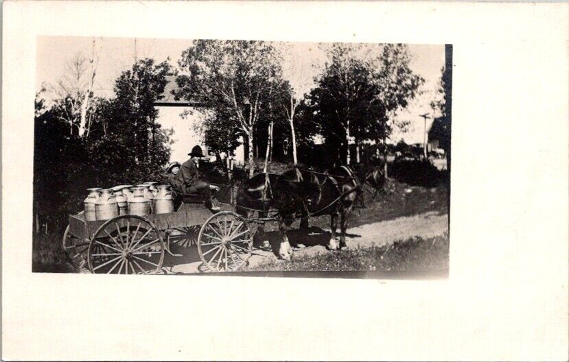 RPPC Postcard Hauling Milk Cans by Horse Drawn Buckboard Wagon c.1904-1920 12323
