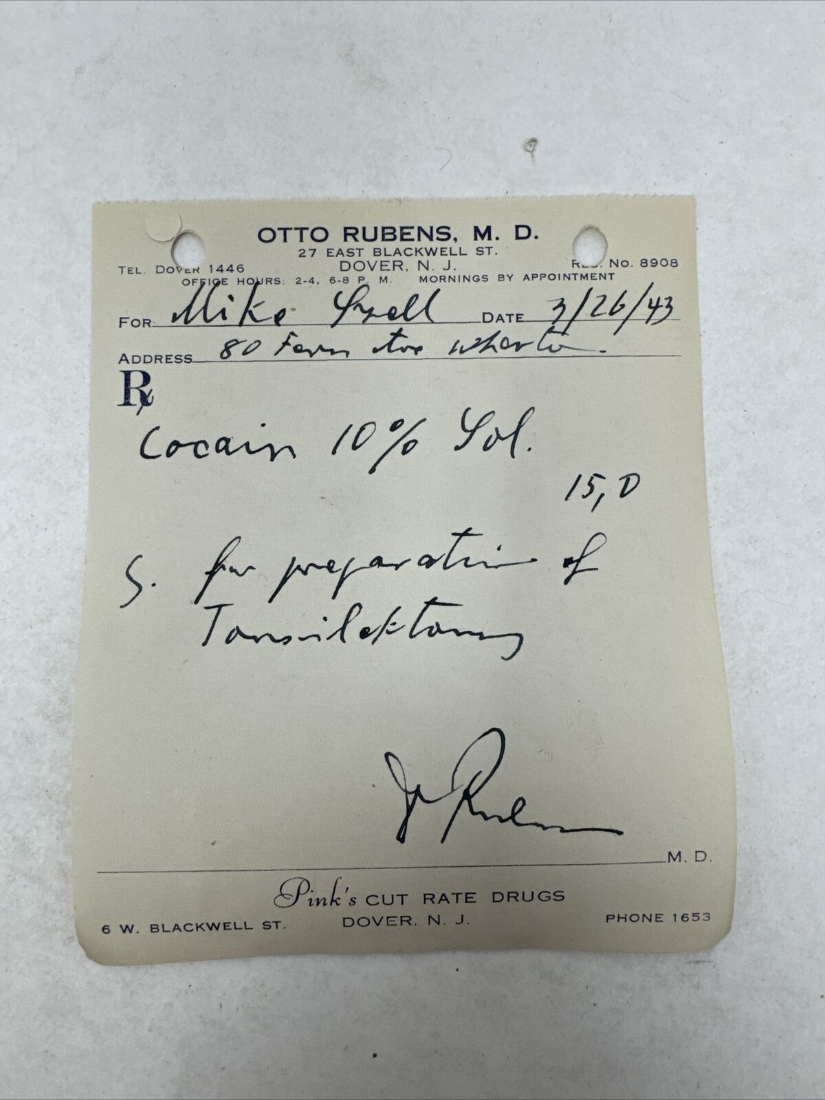 1943 Vintage Doctors Handwritten Prescription Cocaine 10% Otto Rubens Dover NJ